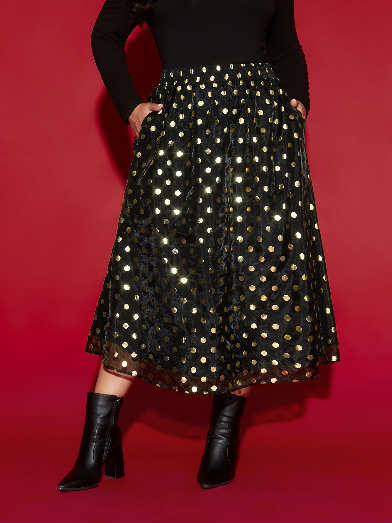 

Plus Size Gold Polka Dots Elastic Waist Skirt Women Black Formal Tiered Loose No stretch Slanted pocket Party Skirts BloomChic