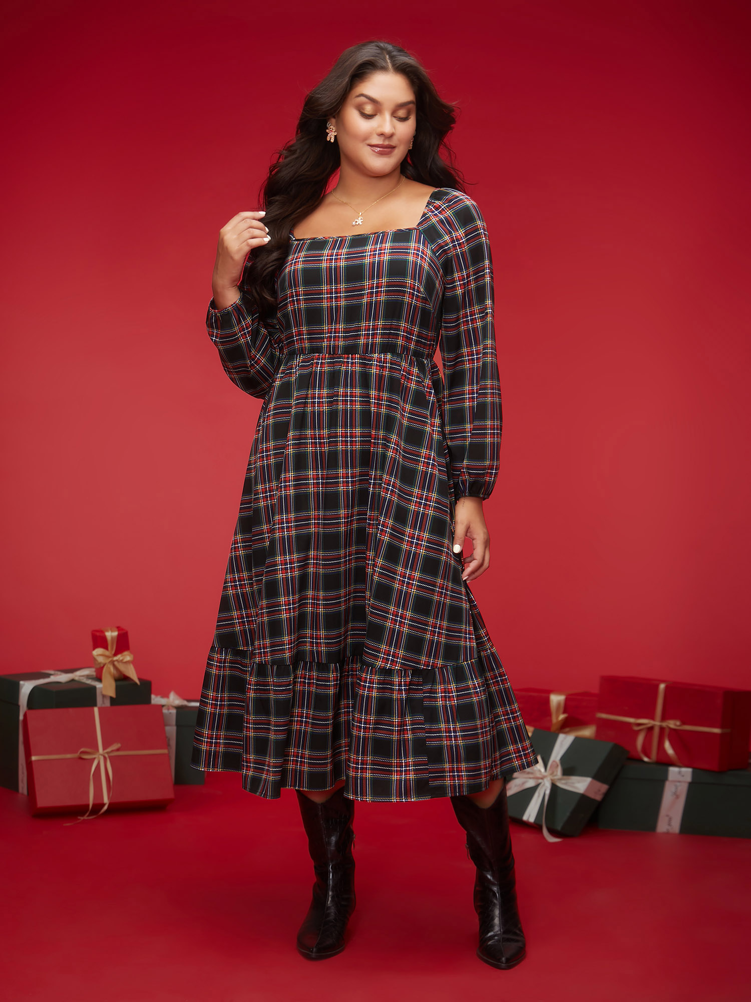 

Plus Size Plaid Square Neckline Puffy Sleeve Midi Dress Black Women Elegant Non Square Neck Long Sleeve Curvy BloomChic