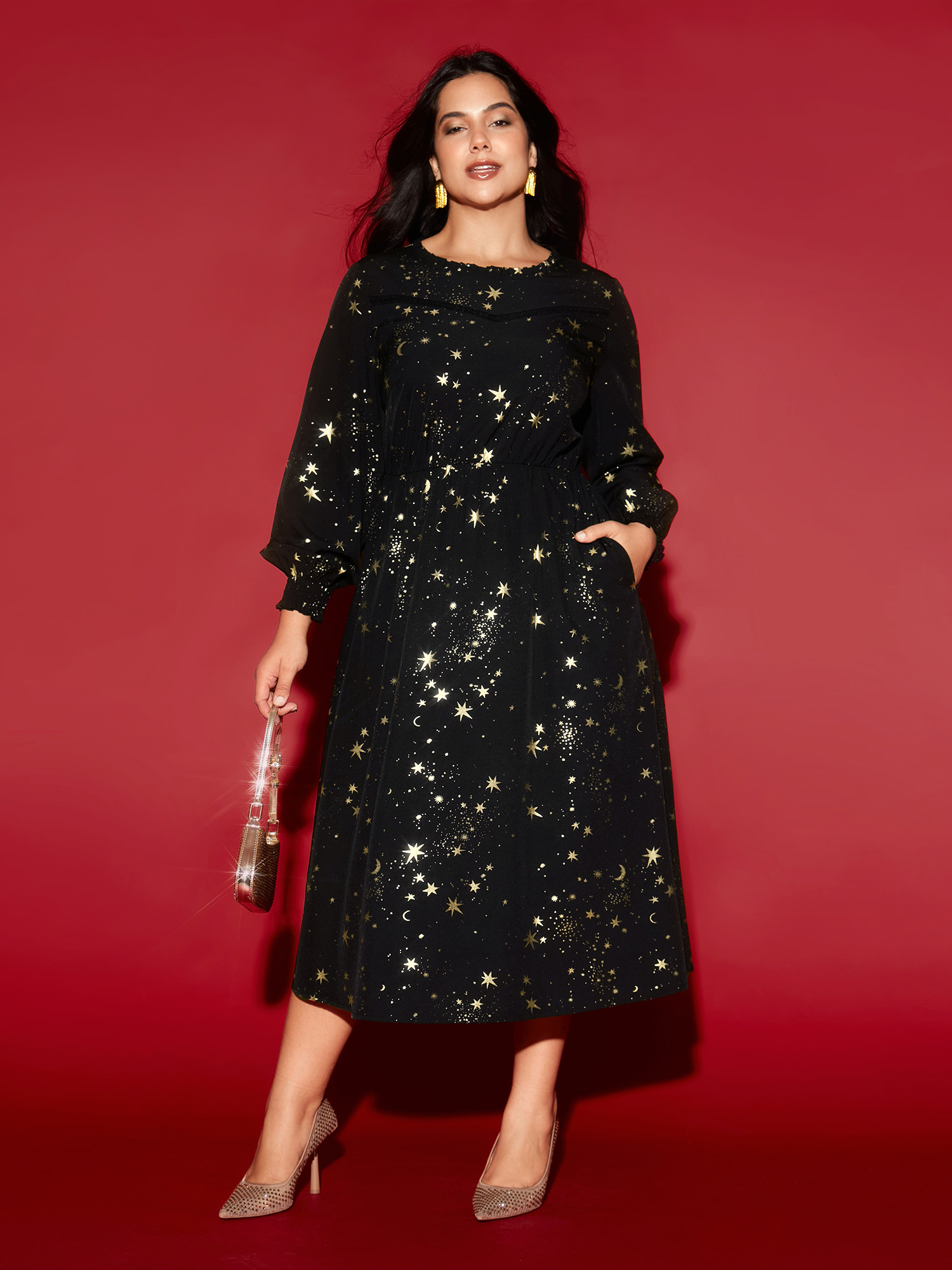 

Plus Size Star Printed Lace Neckline Midi Dress Black Women Cocktail Frill Trim Party Curvy Bloomchic