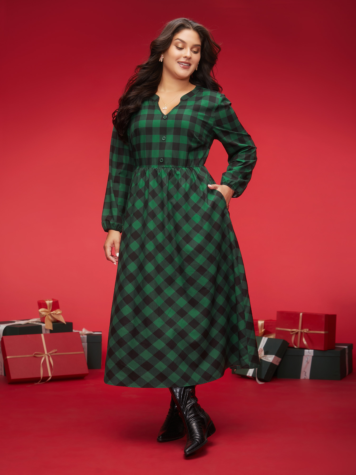 

Plus Size Plaid Notched Collar Midi Dress DarkGreen Women Elegant Button Notched collar Long Sleeve Curvy BloomChic