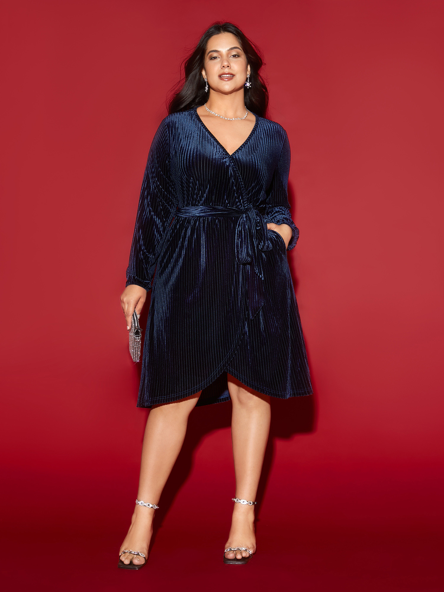 

Plus Size Velvet Surplice Neckline Waist-Tie Midi Dress DarkBlue Women Cocktail Overlapping Overlap Collar Long Sleeve Curvy BloomChic