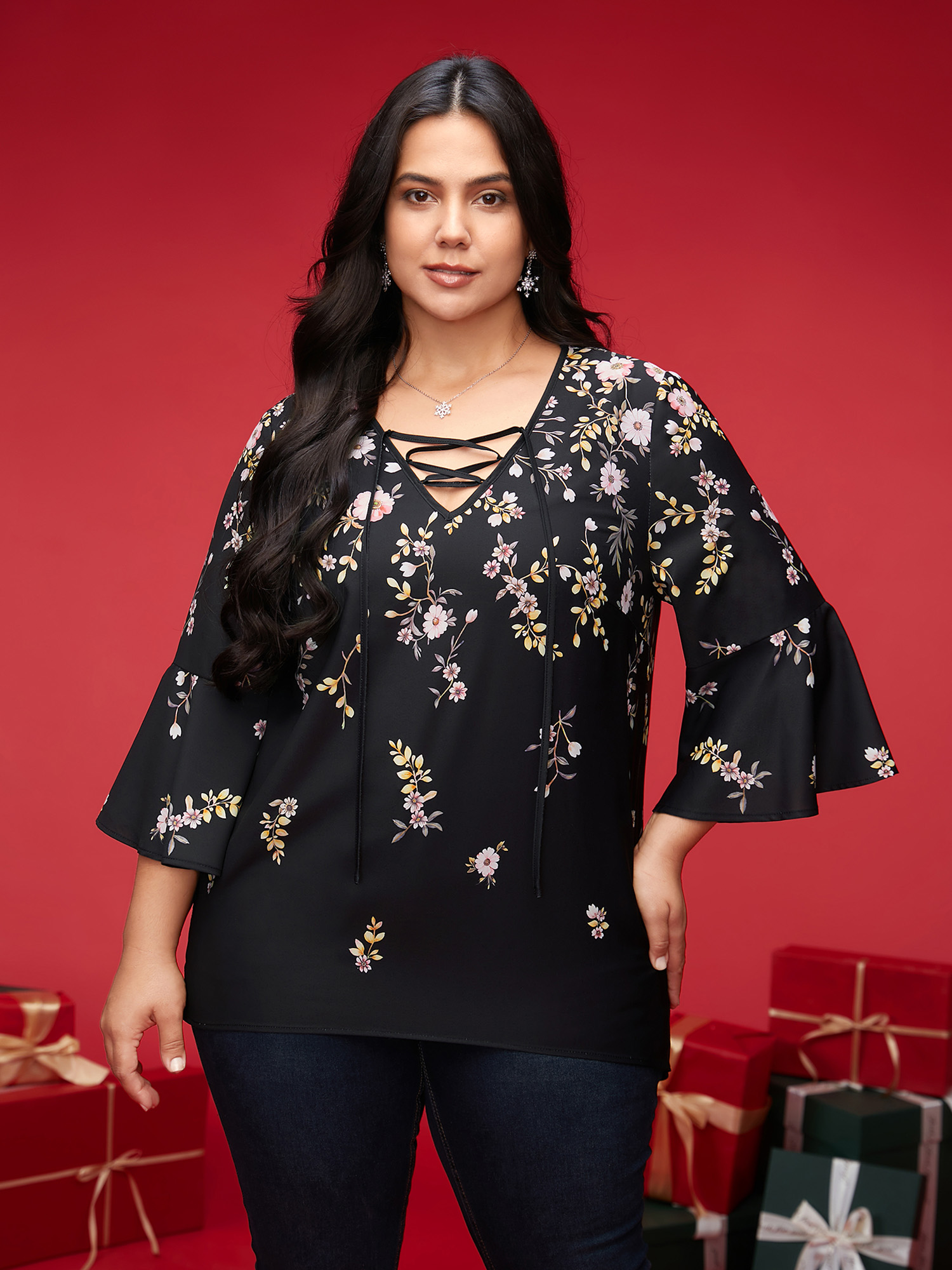 

Plus Size BlackFlower Gradient Floral Ruffle Sleeves Blouse Women Elegant Elbow-length sleeve V-neck Everyday Blouses BloomChic