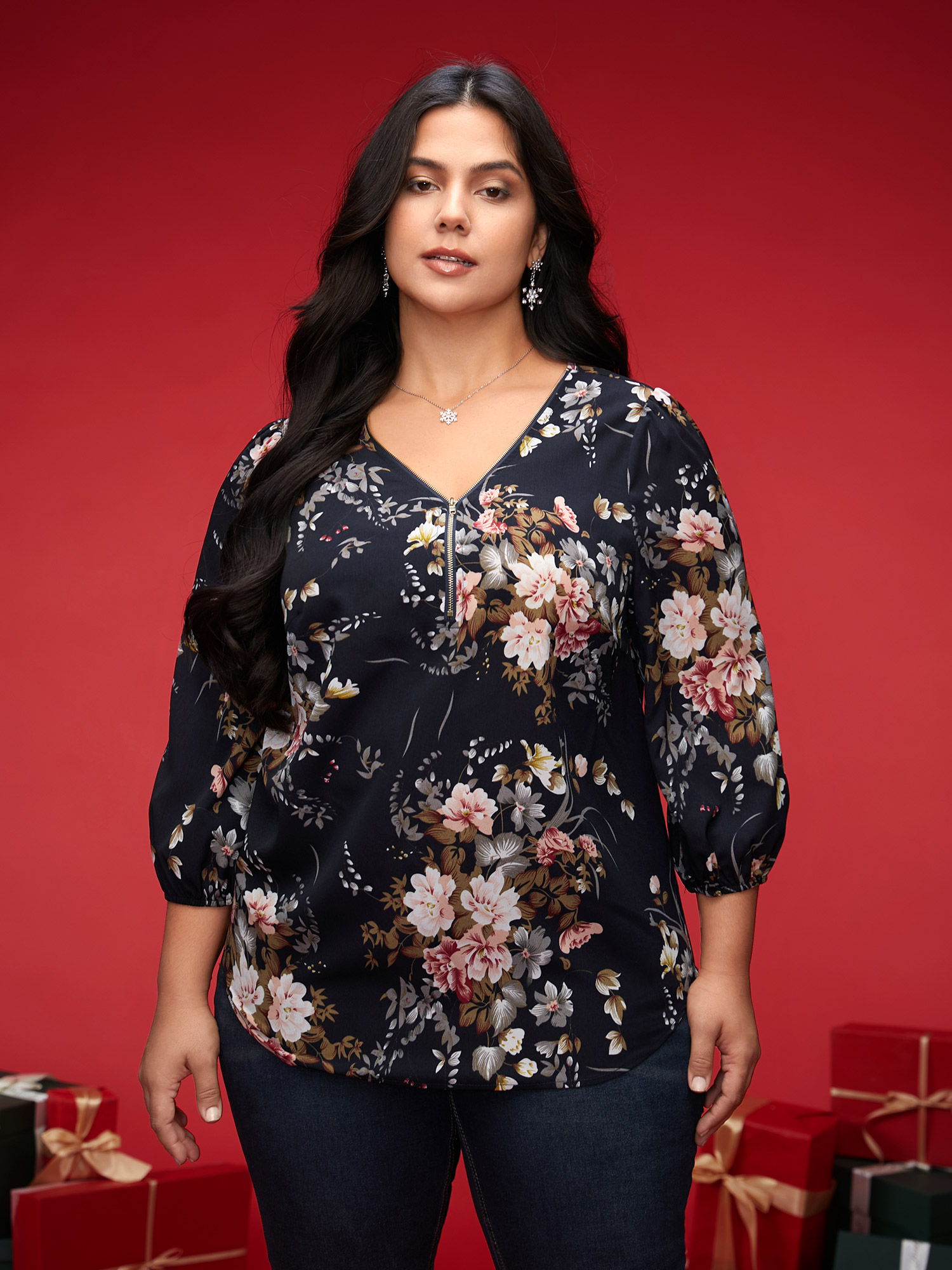 

Plus Size Indigo Half Zipper Front Floral Blouse Women Elegant Elbow-length sleeve V-neck Everyday Blouses BloomChic