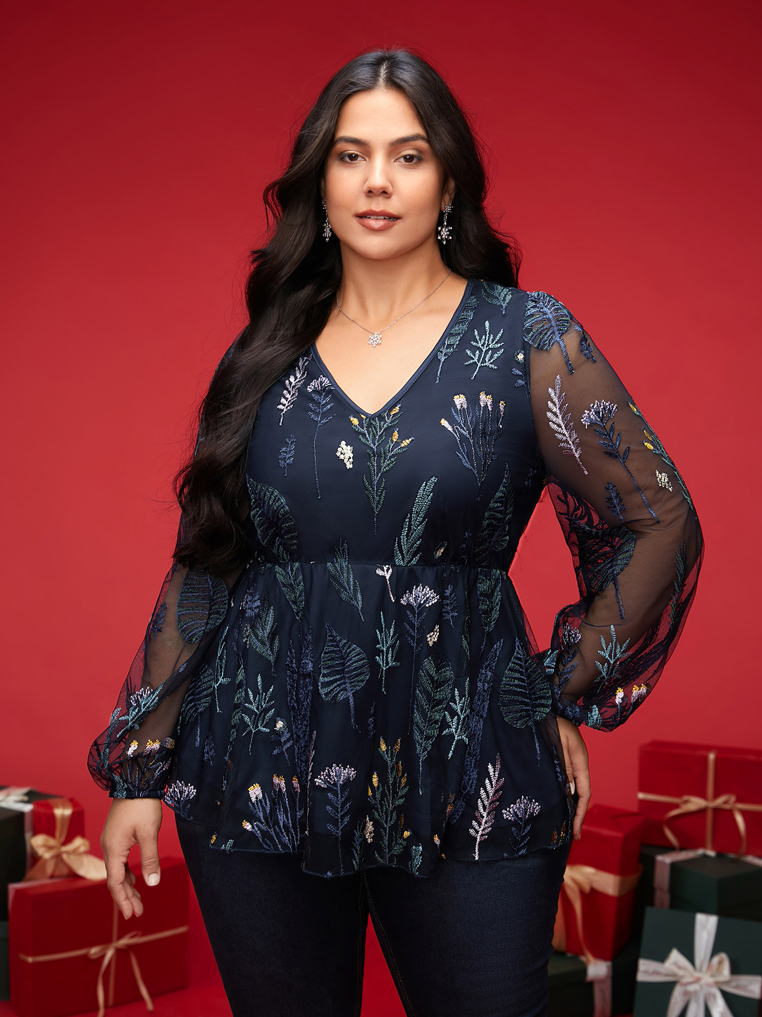 

Plus Size Indigo Enchanted Forest Embroidered Elastic Waist Blouse Women Elegant Long Sleeve V-neck Everyday Blouses BloomChic