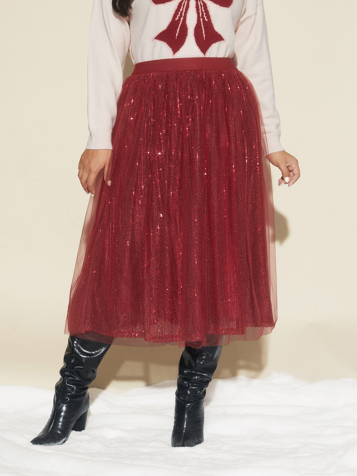 

Plus Size Sequin Mesh Elastic Waist Midi Skirt Women Scarlet Formal Tiered Loose No stretch Party Skirts BloomChic