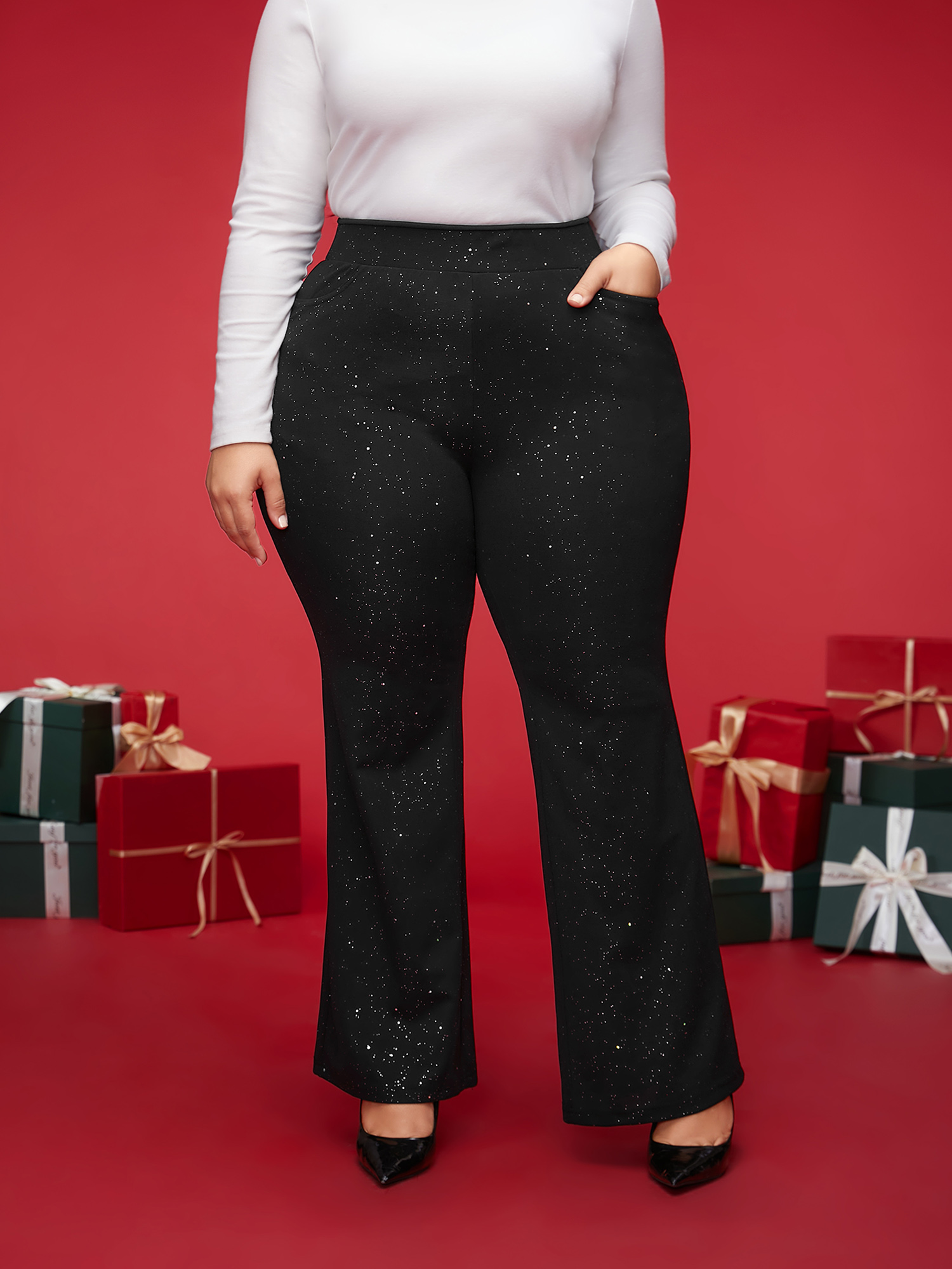 

Plus Size Sparkle Details Mid Rise Flared Pants Women Black Formal Bootcut Mid Rise Party Pants BloomChic