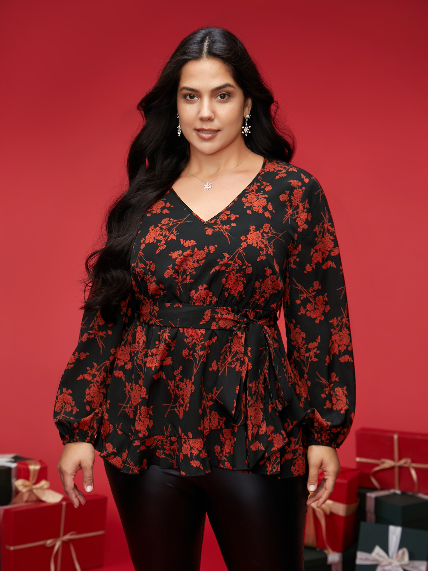 

Plus Size Black Elastic Waist-Tie Floral V-neck Blouse Women Elegant Long Sleeve V-neck Everyday Blouses BloomChic