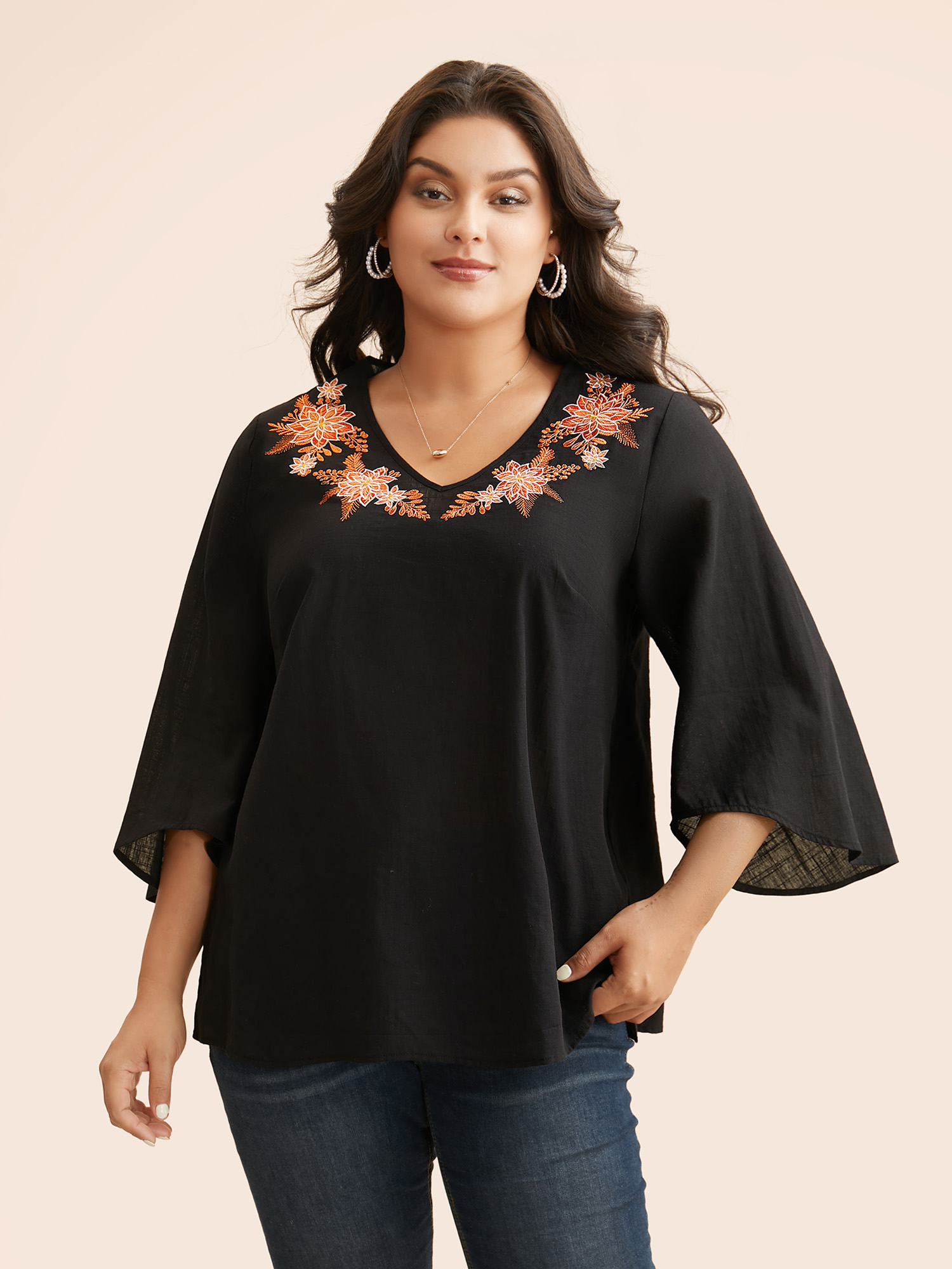 

Plus Size Black Embroidered V-neck Ruffle Sleeve Blouse Women Elegant Elbow-length sleeve V-neck Everyday Blouses BloomChic