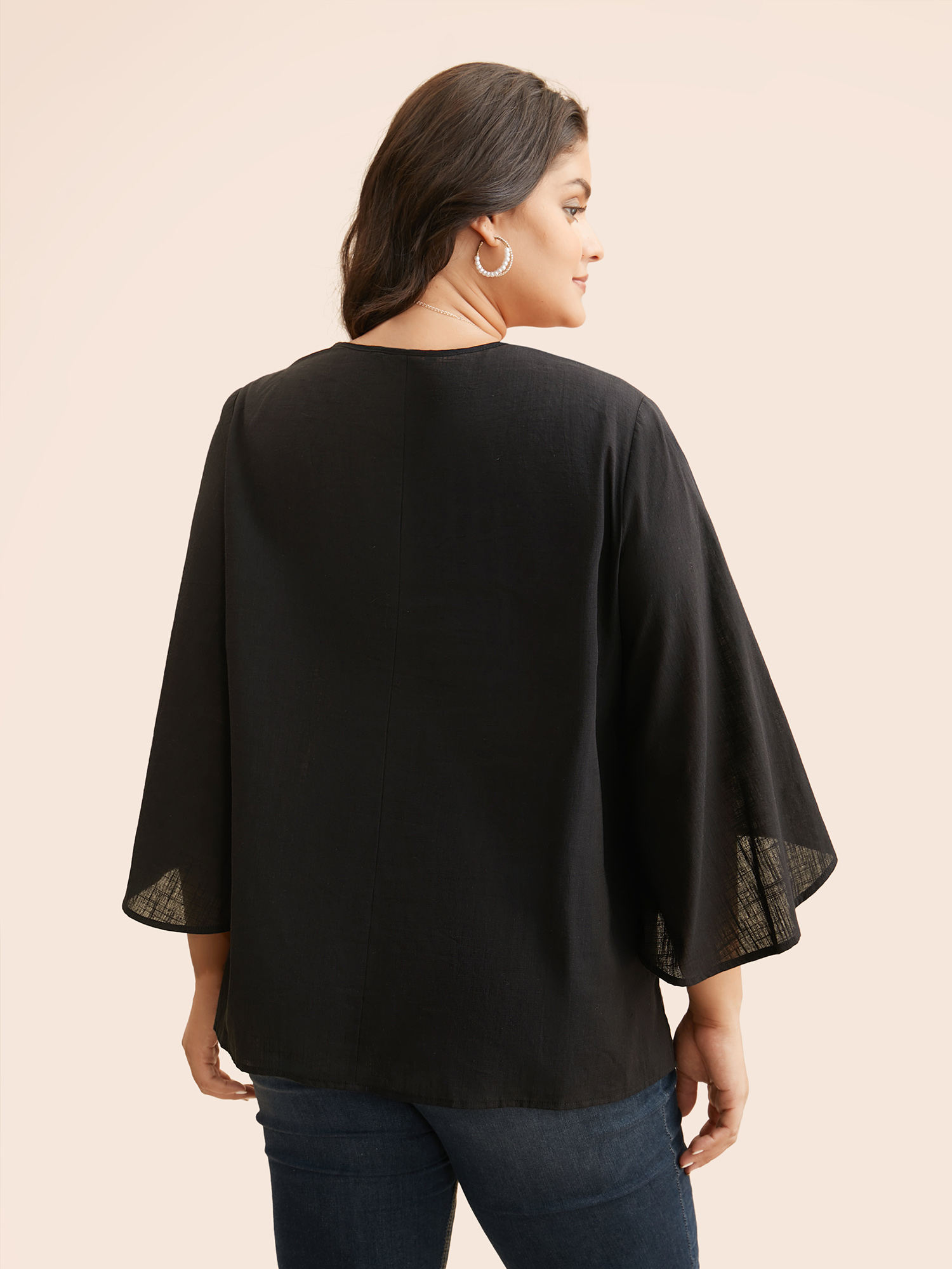 

Plus Size Black Embroidered V-neck Ruffle Sleeve Blouse Women Elegant Elbow-length sleeve V-neck Everyday Blouses BloomChic