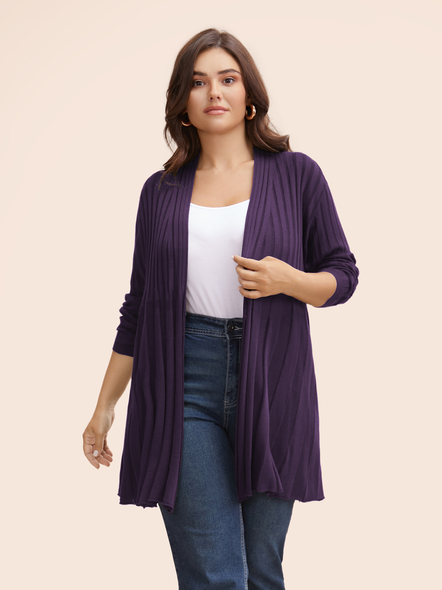 

Plus Size Plain Textured Kimono Collar Cardigan Eggplant Women Casual Loose Long Sleeve Everyday Cardigans BloomChic