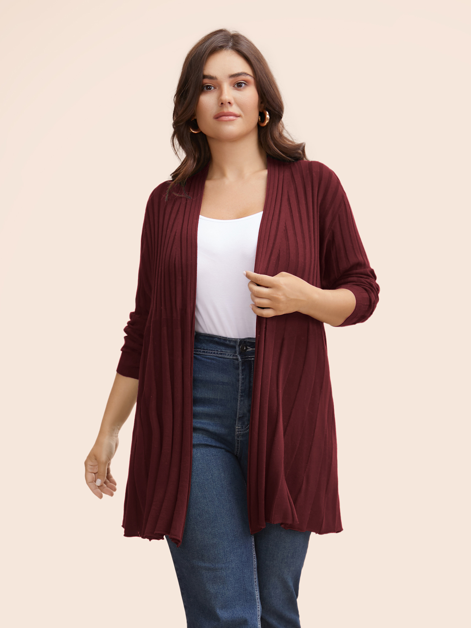 

Plus Size Plain Textured Kimono Collar Cardigan Deepred Women Casual Loose Long Sleeve Everyday Cardigans BloomChic