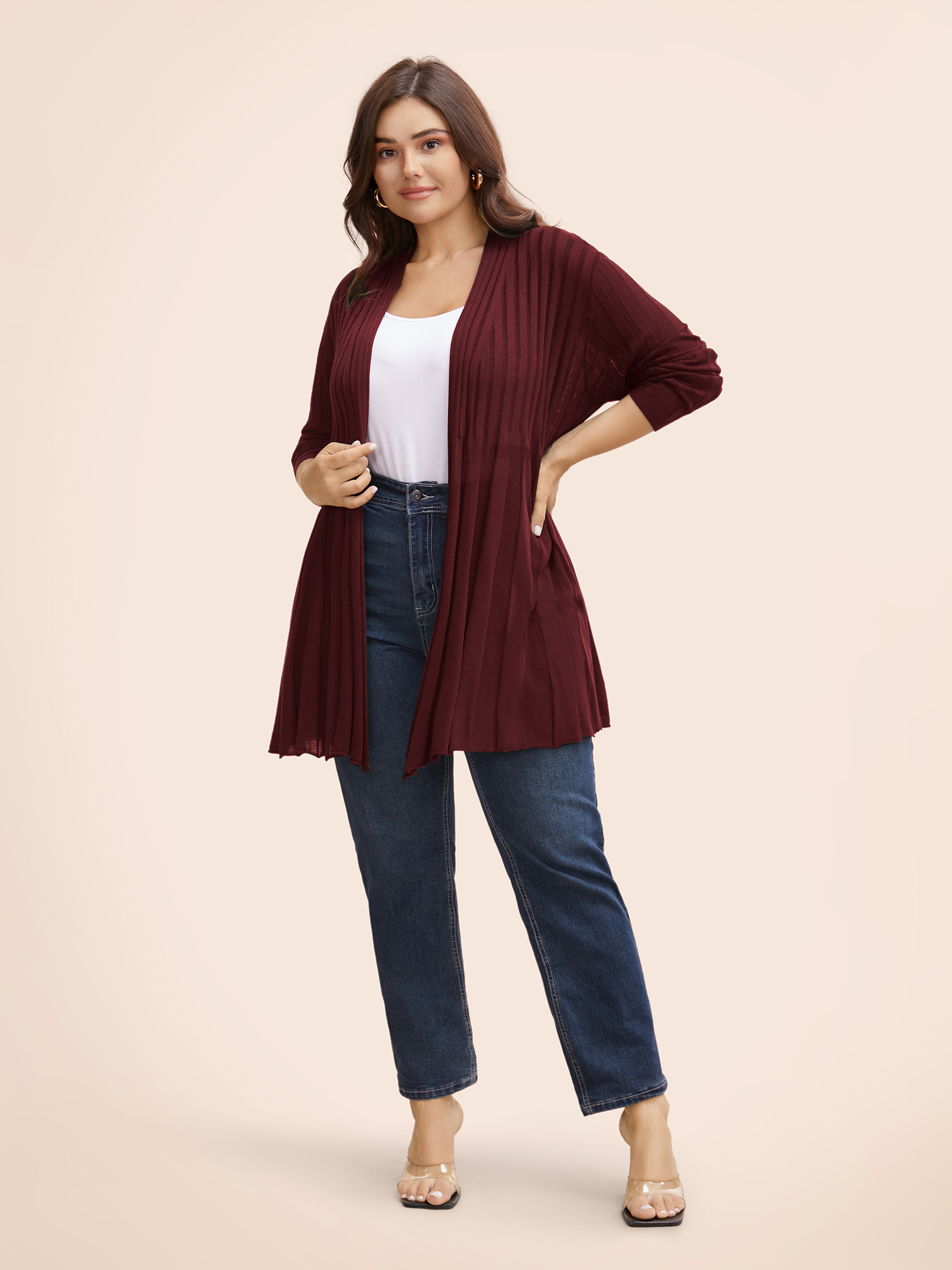 

Plus Size Plain Textured Kimono Collar Cardigan Deepred Women Casual Loose Long Sleeve Everyday Cardigans BloomChic