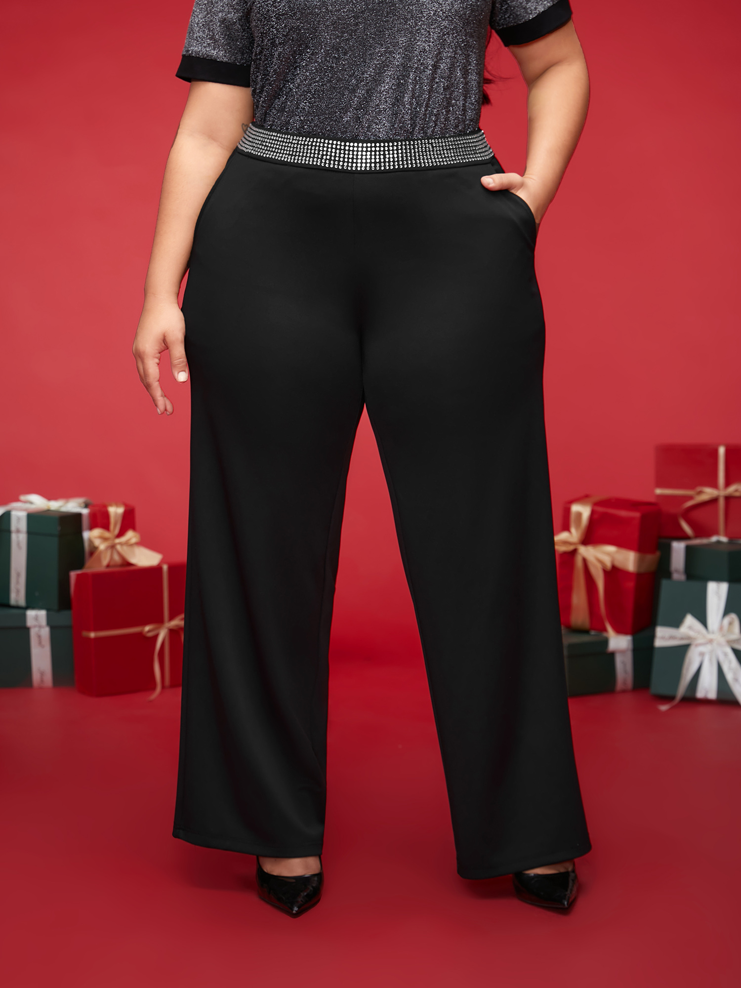 

Plus Size Diamond Trim Wide-Leg Pants Women Black Formal Wide Leg Mid Rise Party Pants BloomChic