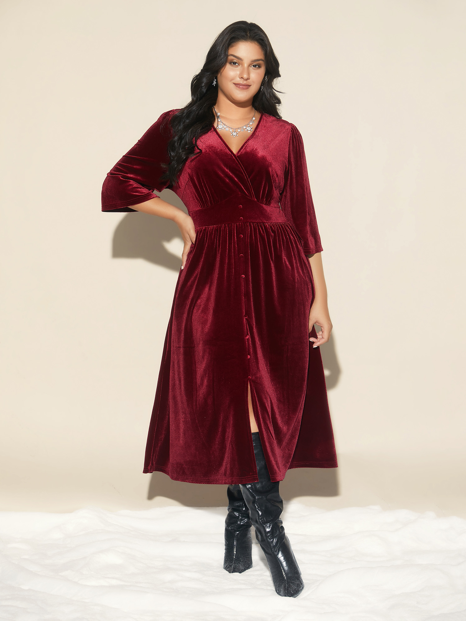 

Plus Size Velvet Ruched Surplice Neckline Midi Dress Burgundy Women Cocktail Texture Party Curvy Bloomchic