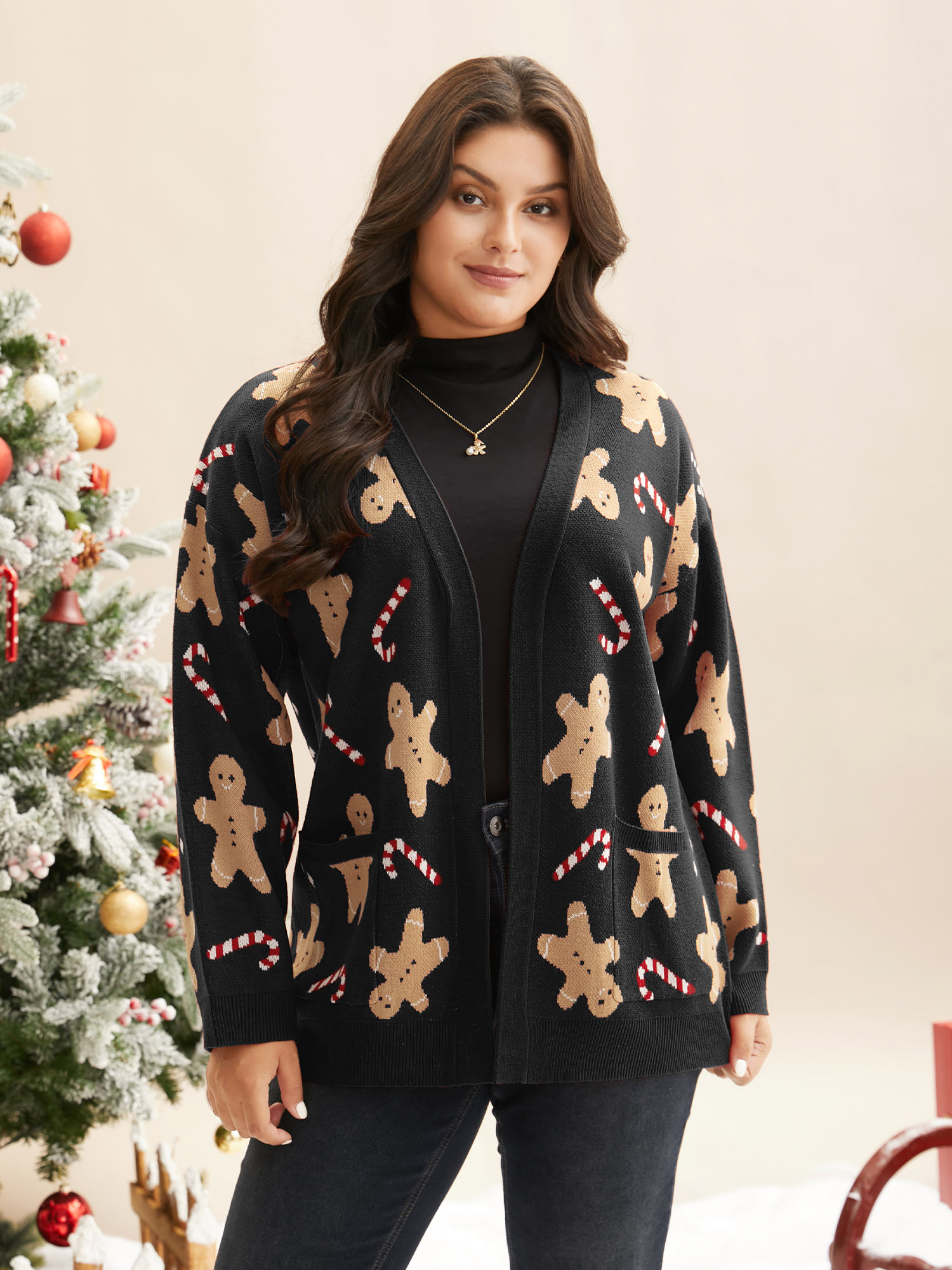 

Plus Size Gingerbread & Candycane Shimmering Threads Cardigan Black Women Casual Loose Long Sleeve Everyday Cardigans BloomChic