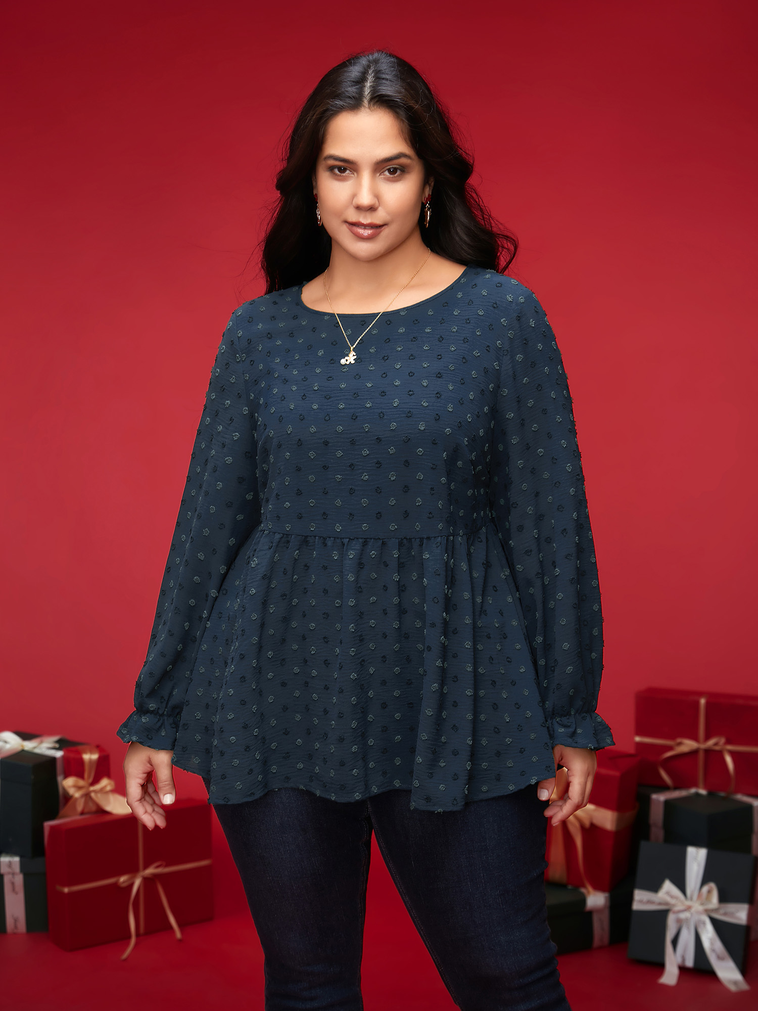 

Plus Size Indigo Textured Dot Elastic Cuffs A-line Blouse Women Casual Long Sleeve Round Neck Everyday Blouses BloomChic