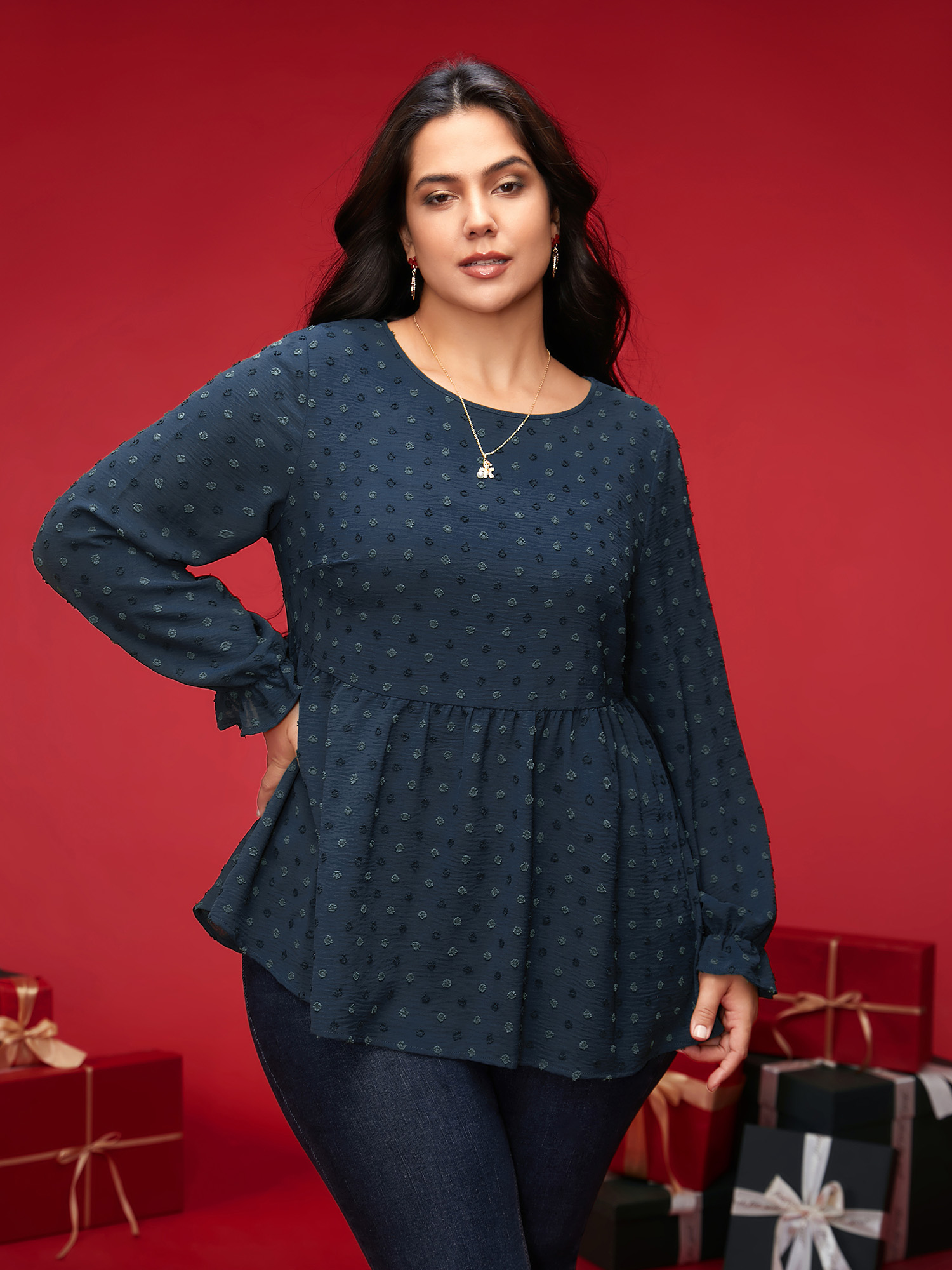 

Plus Size Indigo Textured Dot Elastic Cuffs A-line Blouse Women Casual Long Sleeve Round Neck Everyday Blouses BloomChic