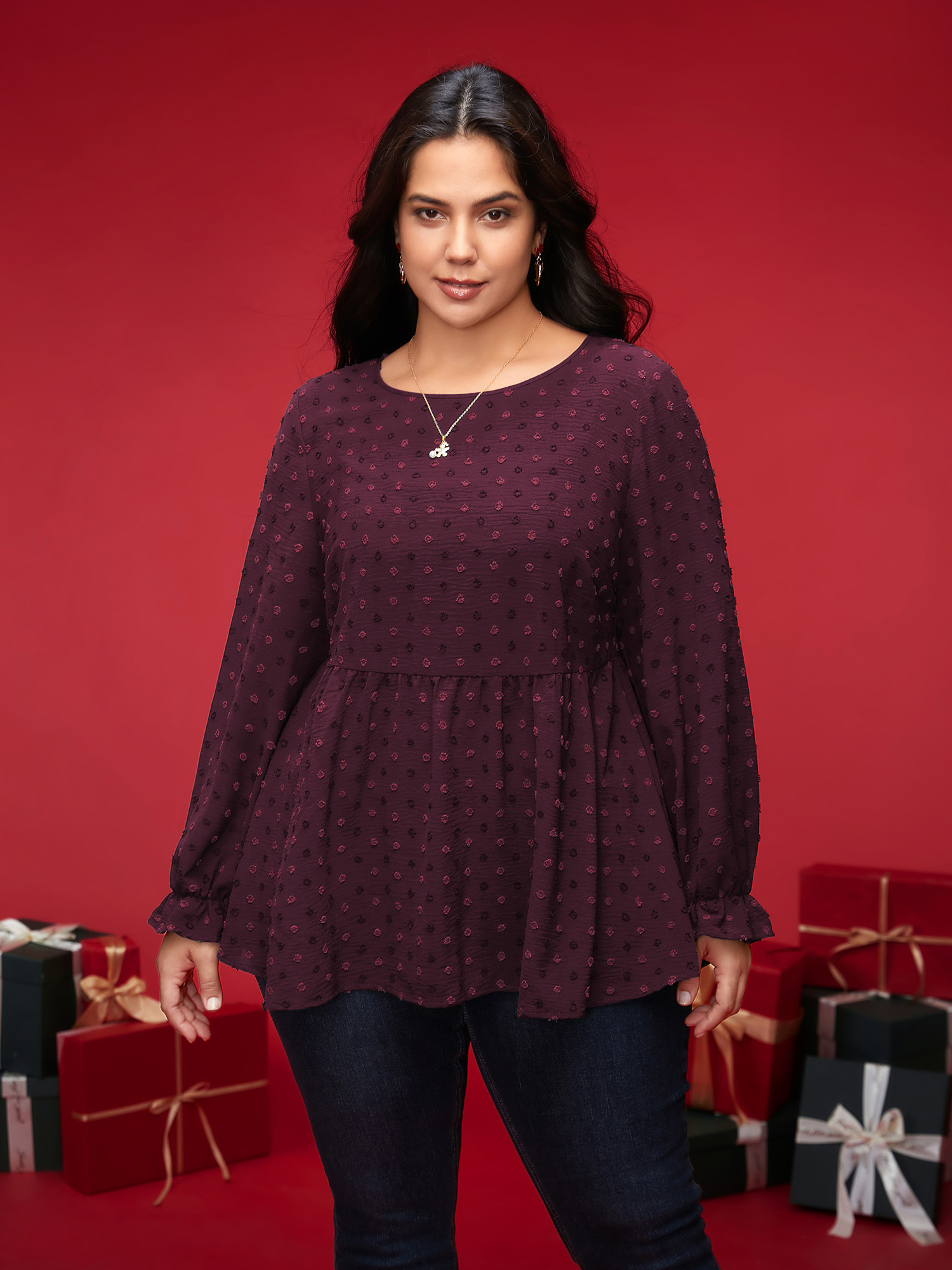 

Plus Size Plum Textured Dot Elastic Cuffs A-line Blouse Women Casual Long Sleeve Round Neck Everyday Blouses BloomChic