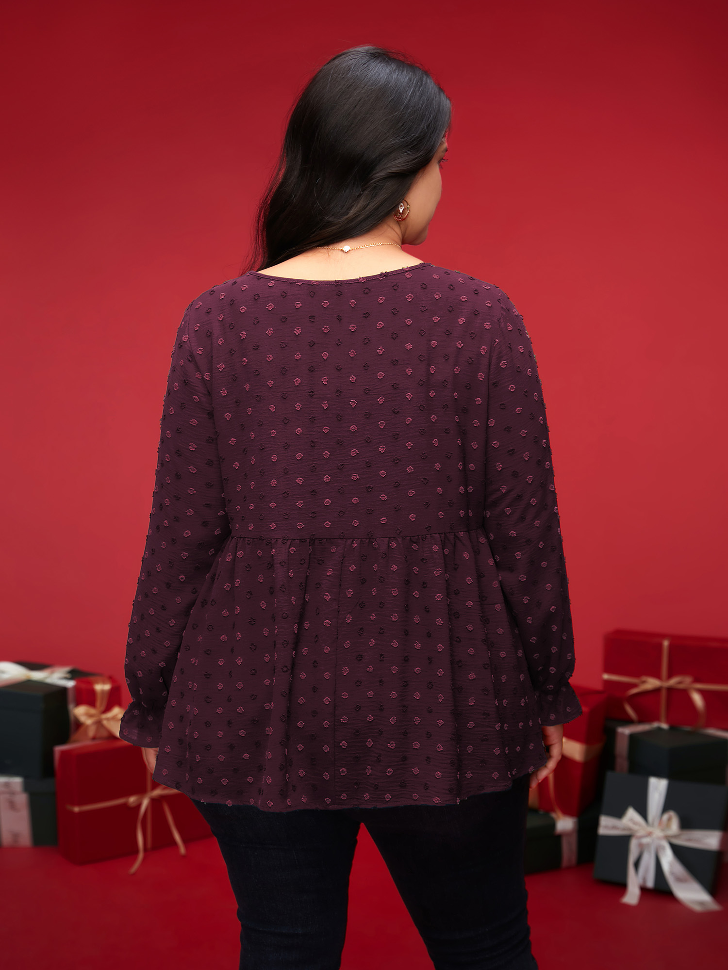 

Plus Size Plum Textured Dot Elastic Cuffs A-line Blouse Women Casual Long Sleeve Round Neck Everyday Blouses BloomChic