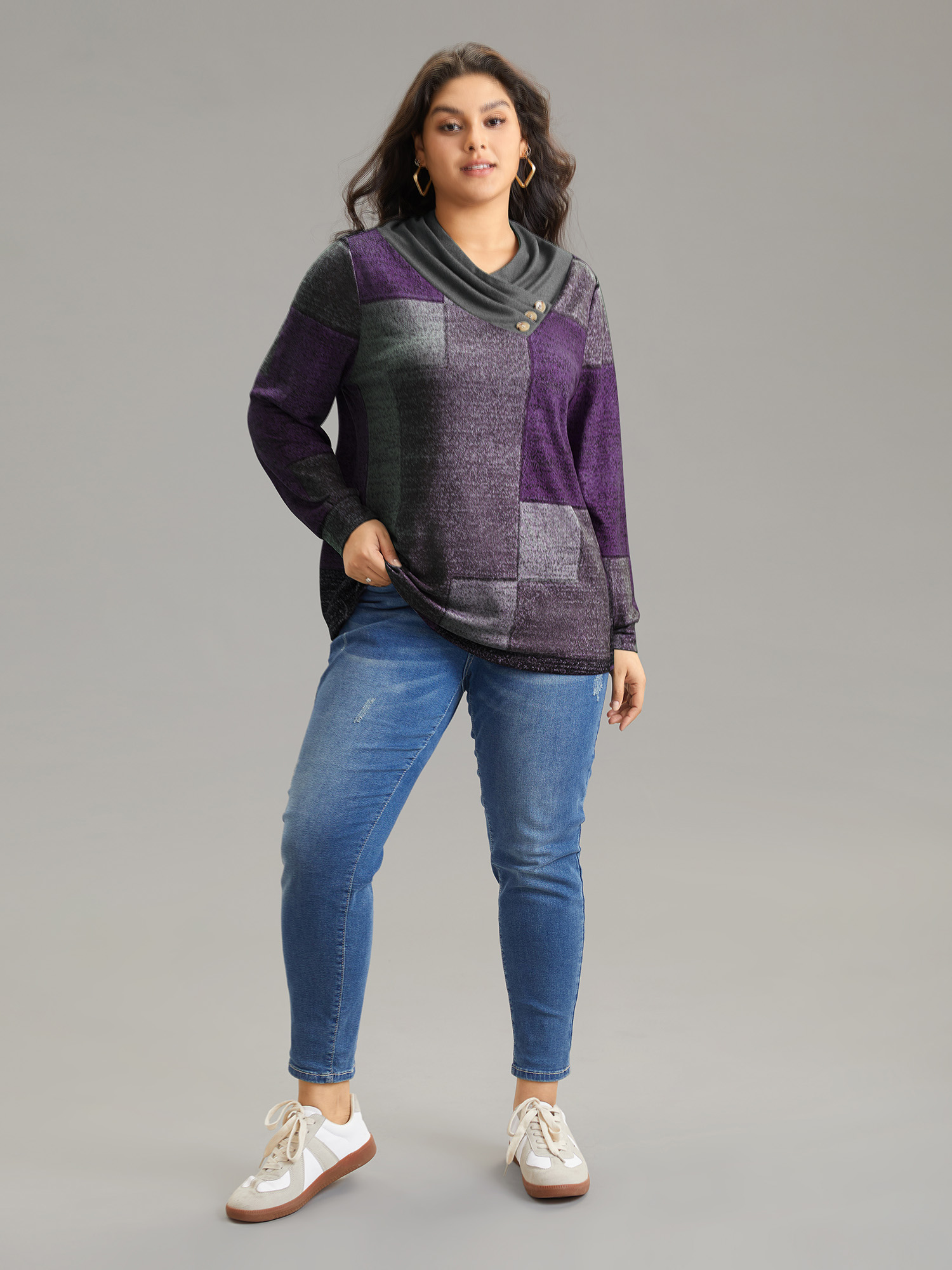 

Plus Size Asymmetrical Colorblock Button Detail Pleated T-shirt Purple Overlap Collar Long Sleeve Casual Jersey Tops