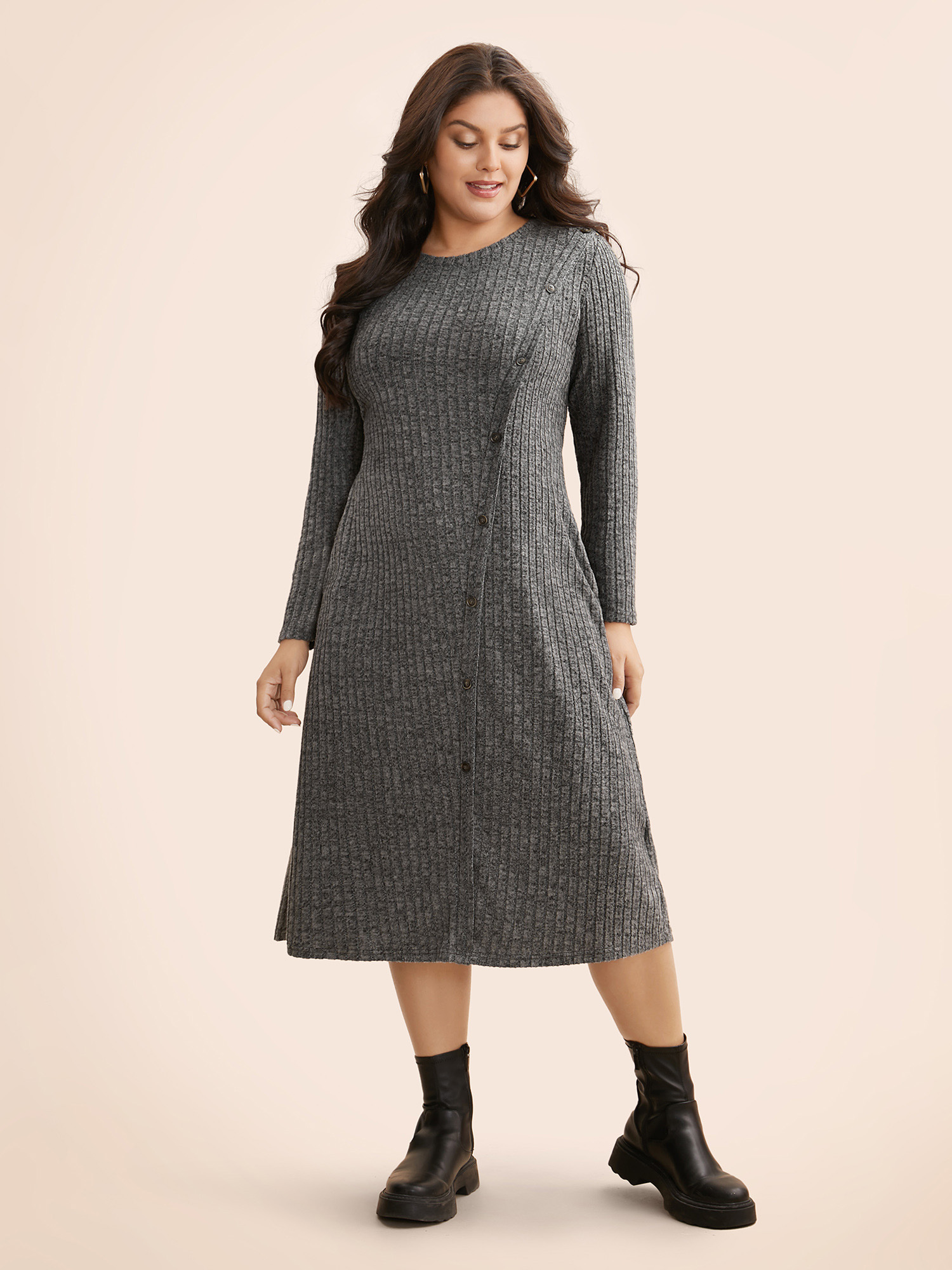 

Plus Size Crew Neck Button Detail Slim Fit Dress DimGray Women Casual Texture Round Neck Long Sleeve Curvy BloomChic