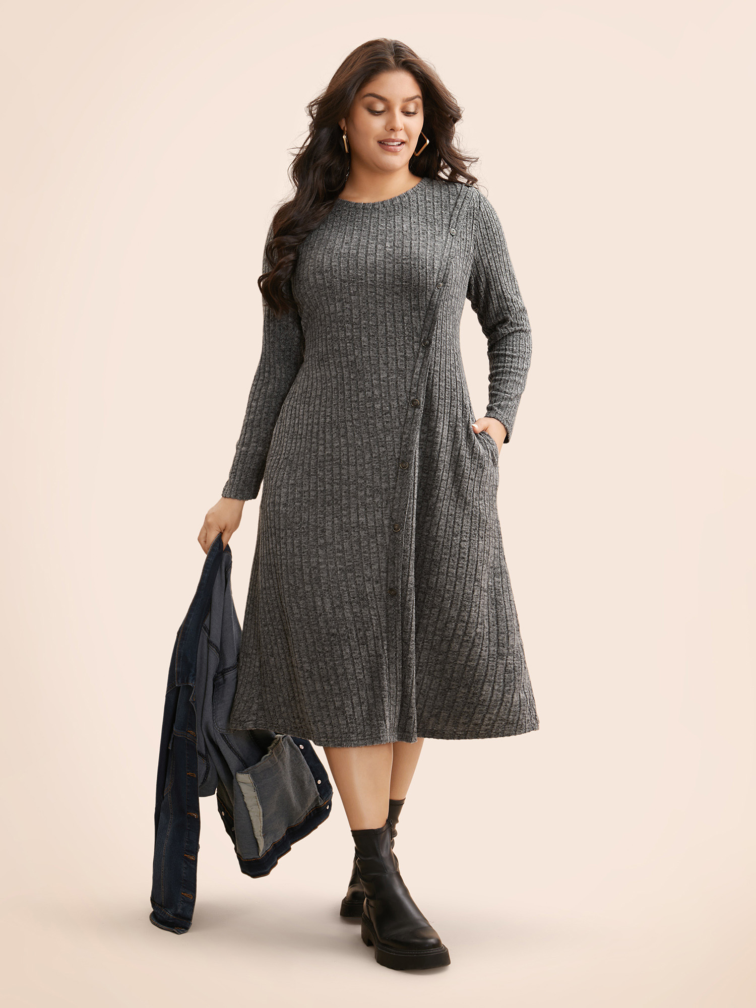 Plus Size Crew Neck Button Detail Slim Fit Dress DimGray Women Casual Texture Round Neck Long Sleeve Curvy BloomChic 14-16/1X 