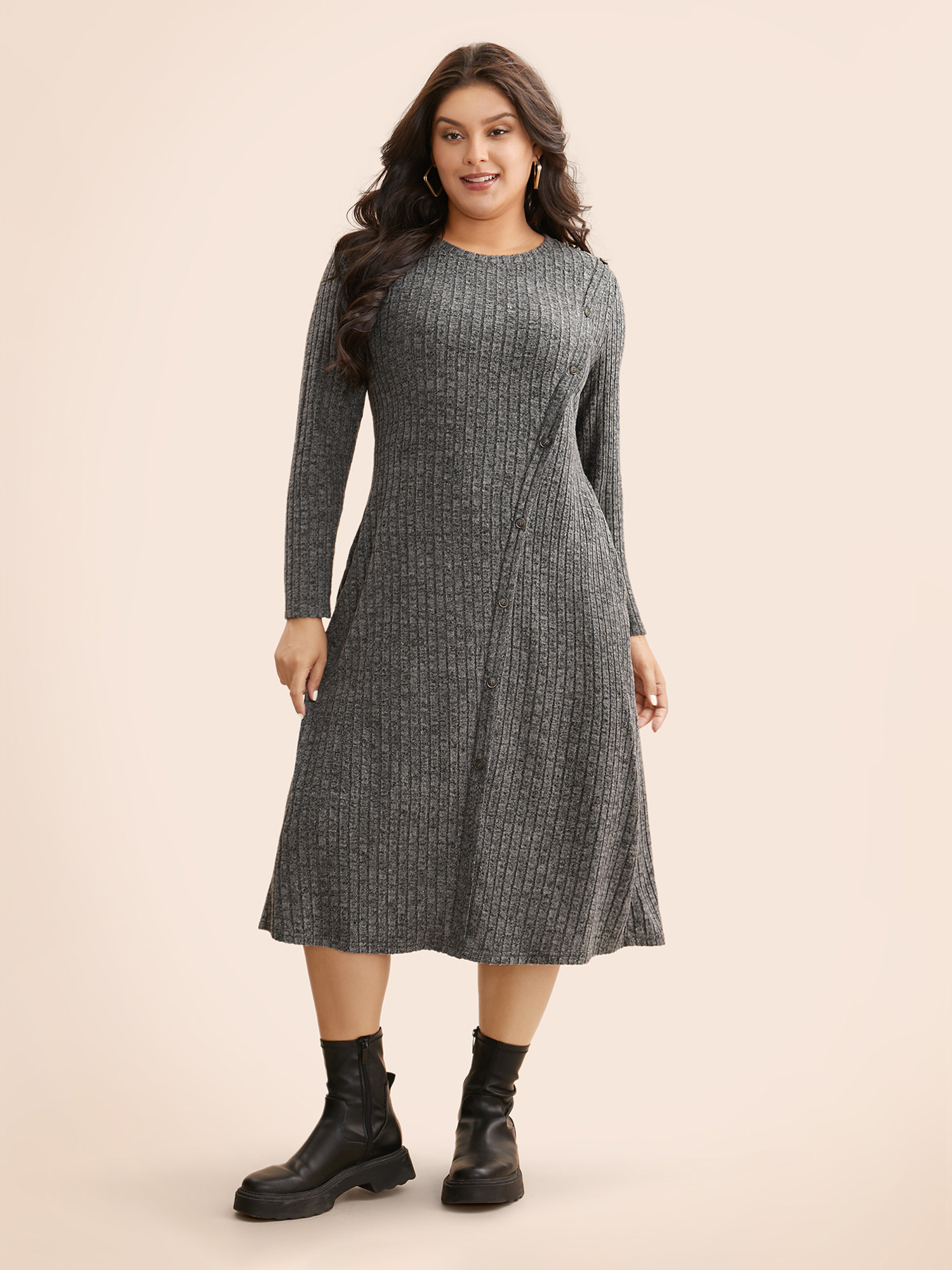 Plus Size Crew Neck Button Detail Slim Fit Dress DimGray Women Casual Texture Round Neck Long Sleeve Curvy BloomChic 14-16/1X 