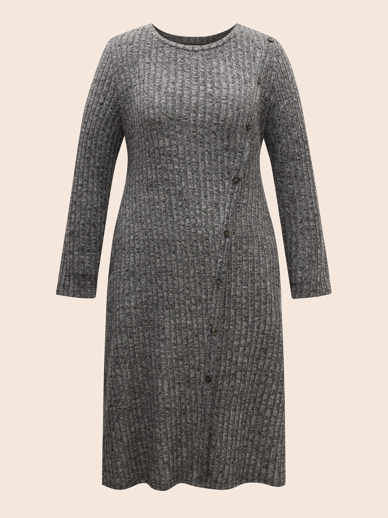 Plus Size Crew Neck Button Detail Slim Fit Dress DimGray Women Casual Texture Round Neck Long Sleeve Curvy BloomChic 14-16/1X 
