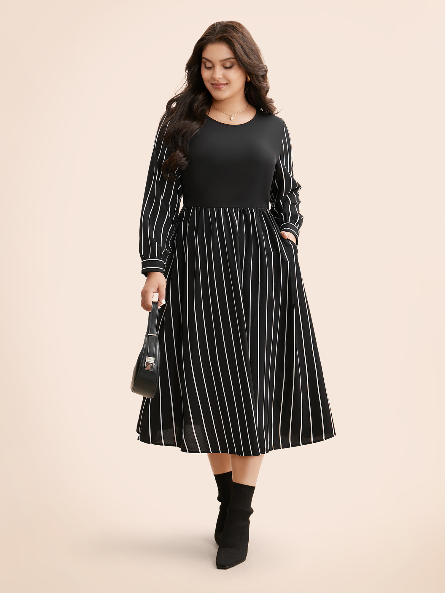 

Plus Size Round Neck Striped Patchwork Midi Dress Black Women At the Office Patchwork Round Neck Long Sleeve Curvy BloomChic