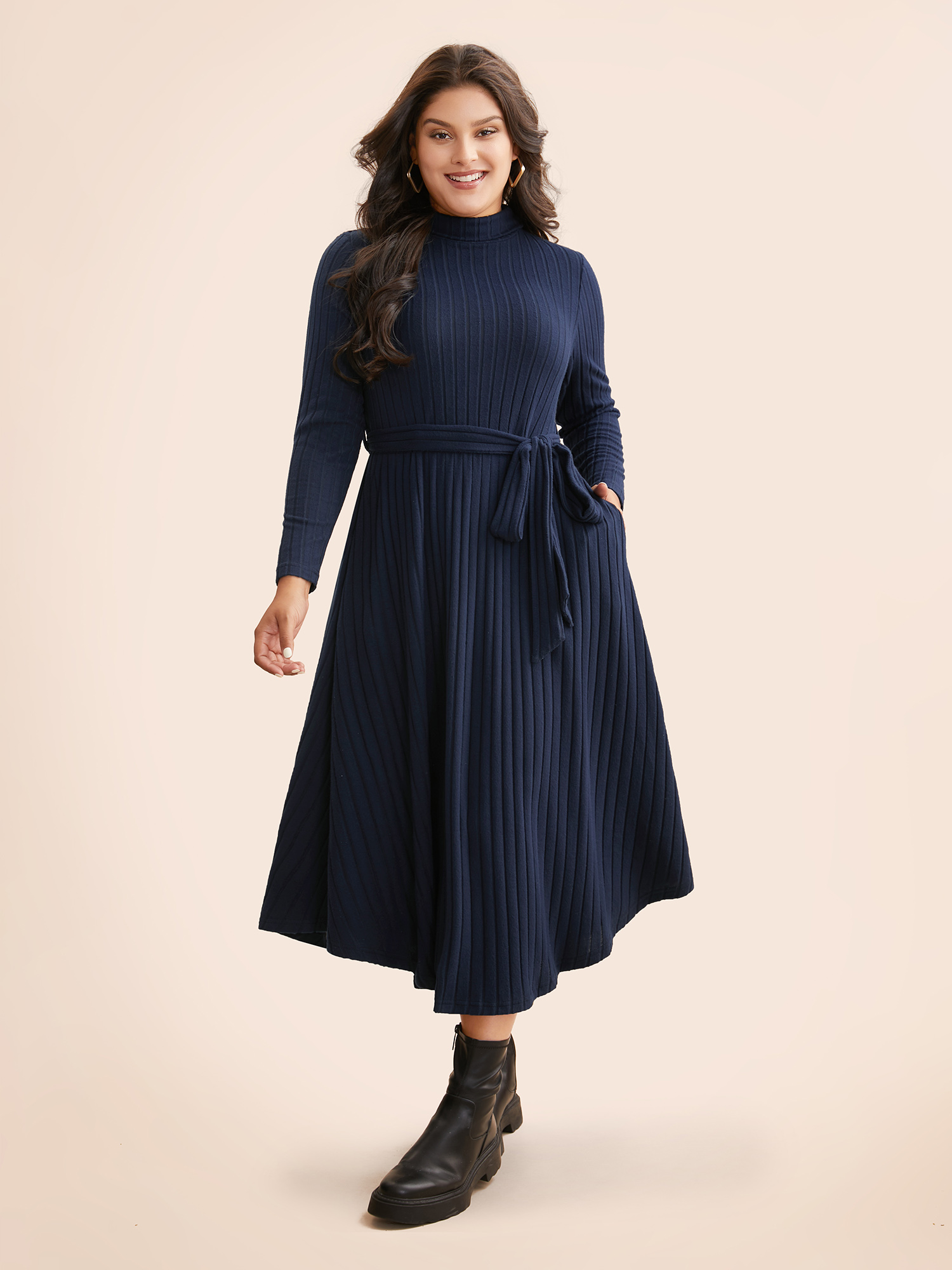 

Plus Size Plain Turtleneck Arc Hem Belted Dress Navy Women Casual Texture Turtleneck Long Sleeve Curvy BloomChic