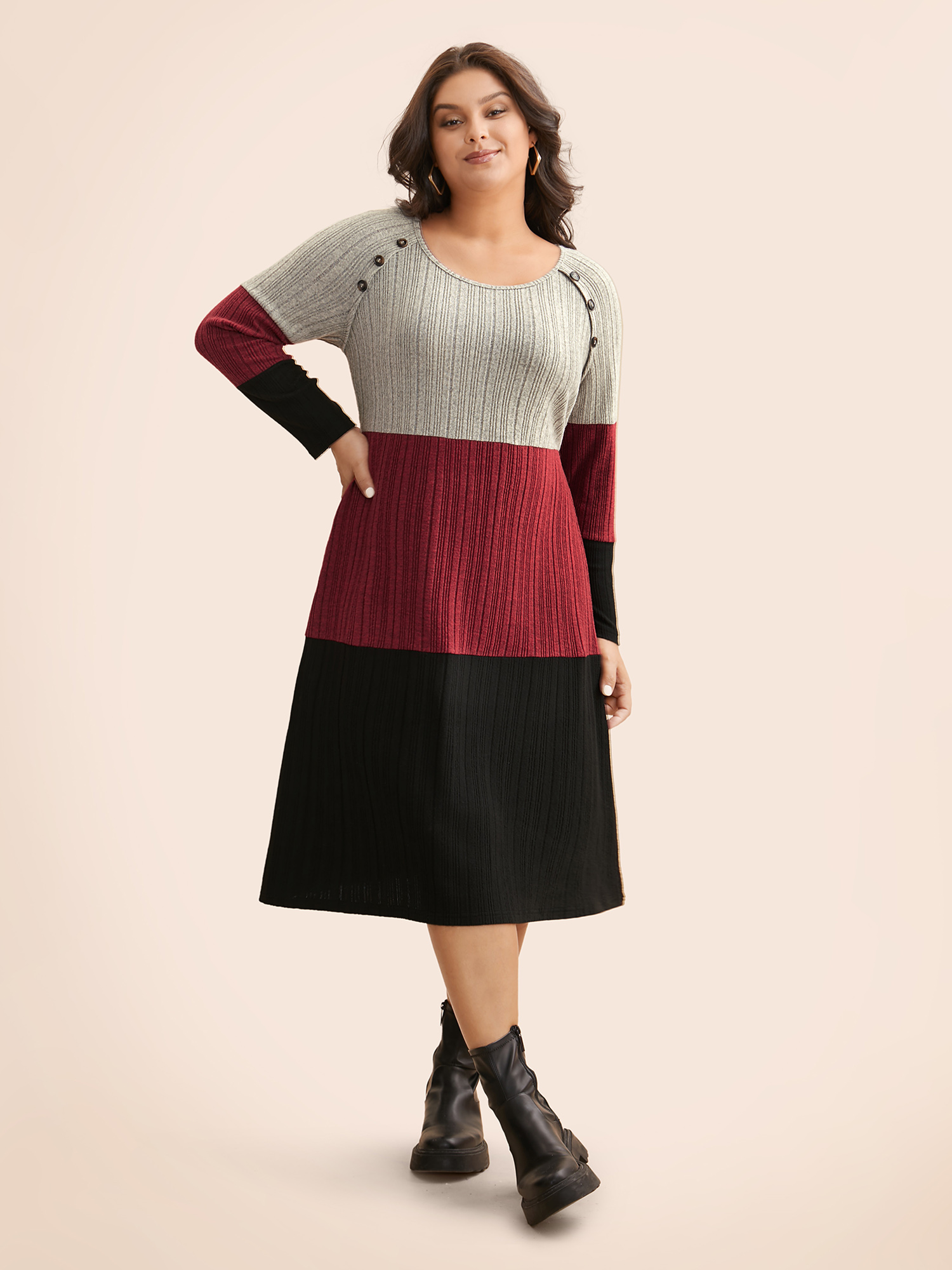 

Plus Size Contrast Patchwork Button Detail Raglan Sleeve Dress Multicolor Women Casual Texture Round Neck Long Sleeve Curvy BloomChic