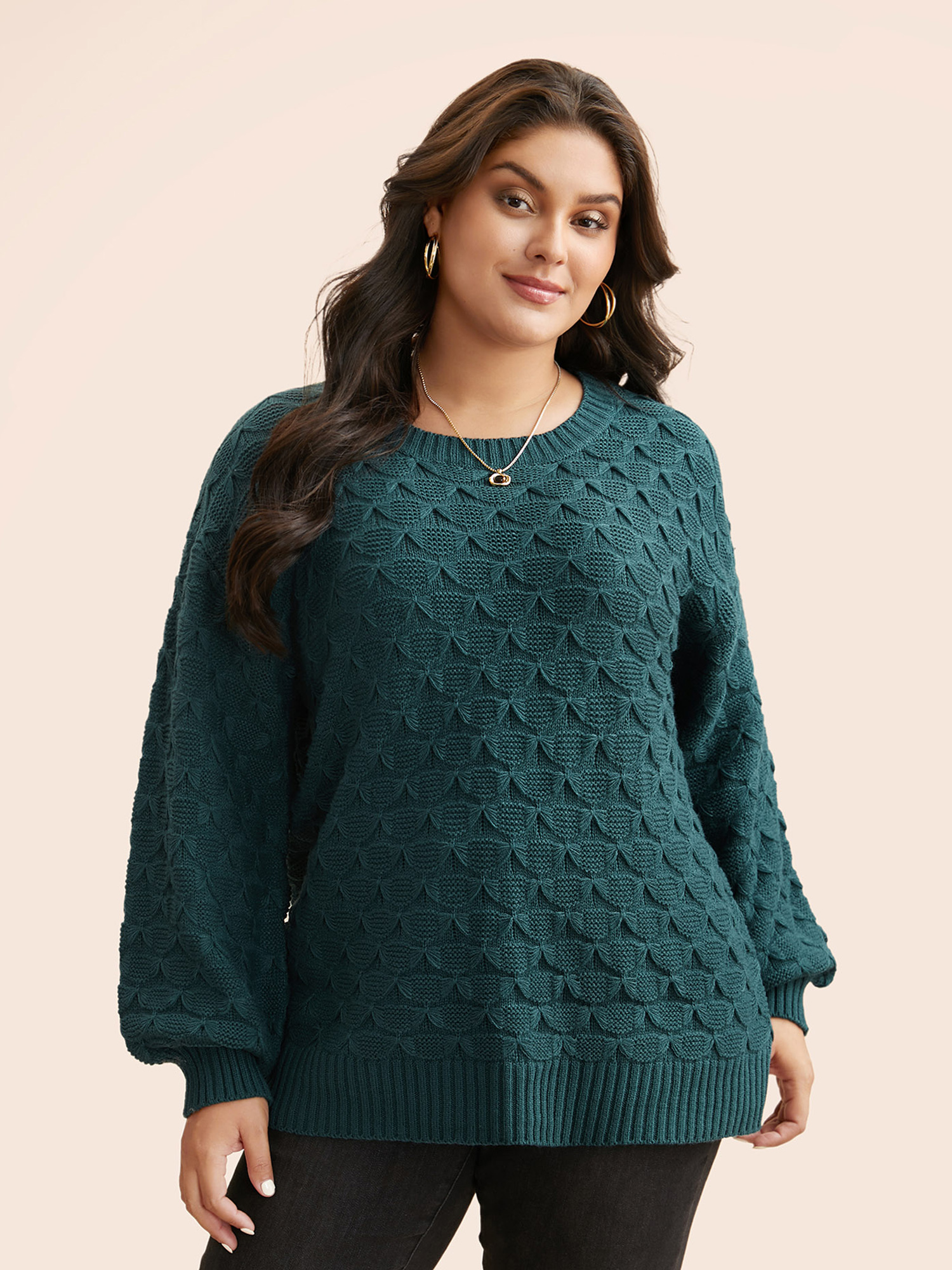 

Plus Size Fish Scale Texture Drop Shoulder Pullover Cyan Women Casual Loose Long Sleeve Round Neck Everyday Pullovers BloomChic