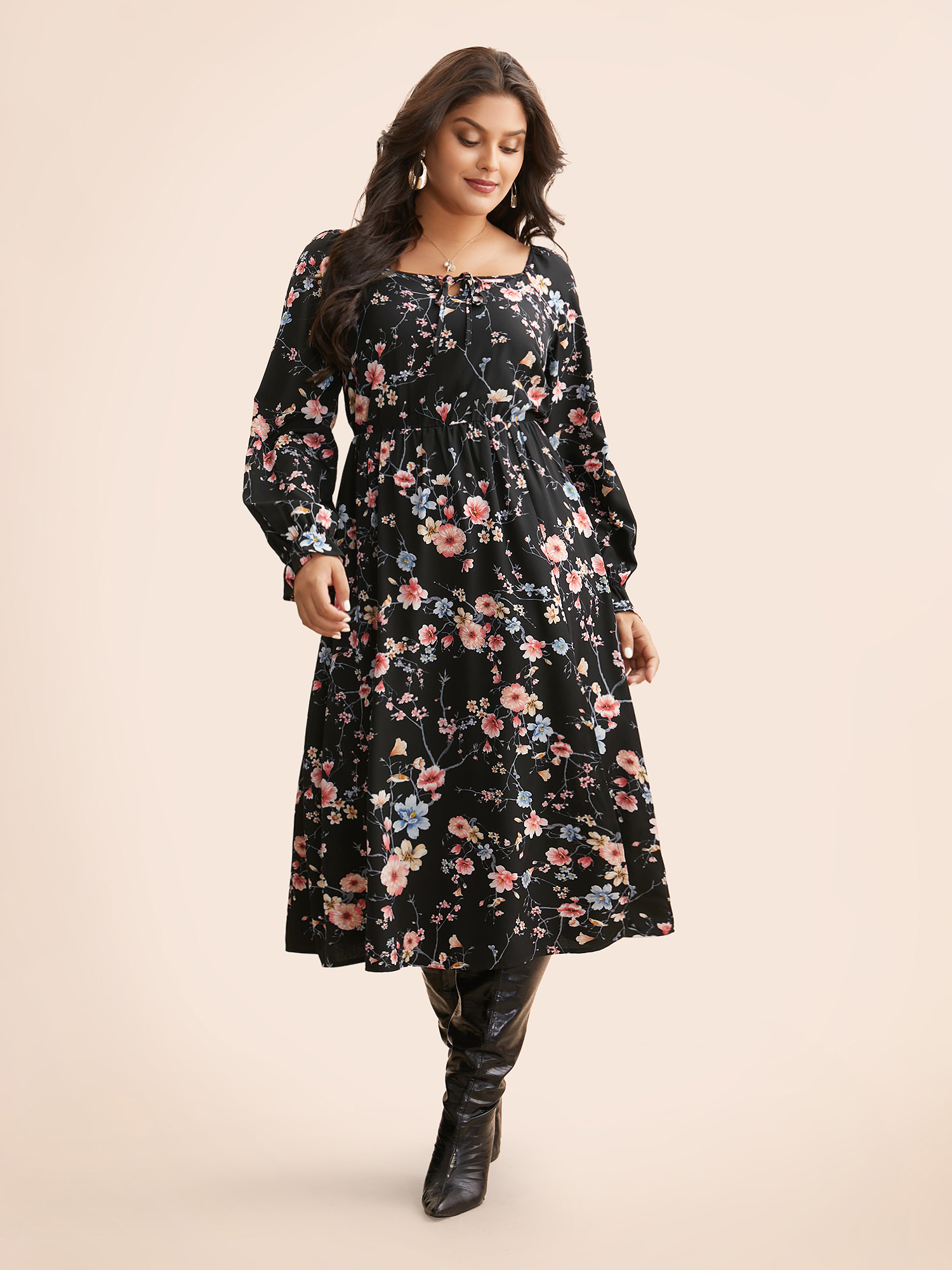 

Plus Size Floral Tie Knot Split Hem Dress Black Women Elegant Tie knot Square Neck Long Sleeve Curvy BloomChic