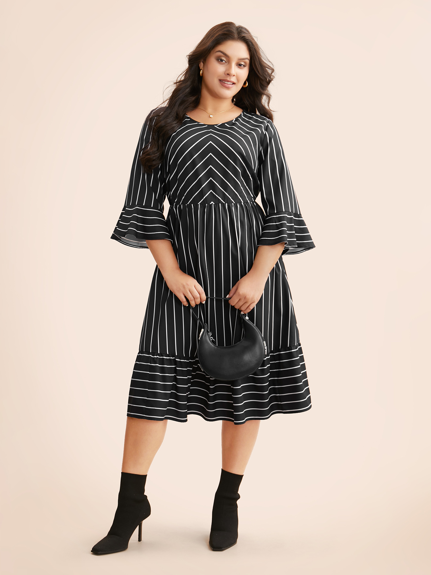 

Plus Size Striped Flutter Sleeve Midi Dress Black Women At the Office Ruffles Round Neck Elbow-length sleeve Curvy BloomChic