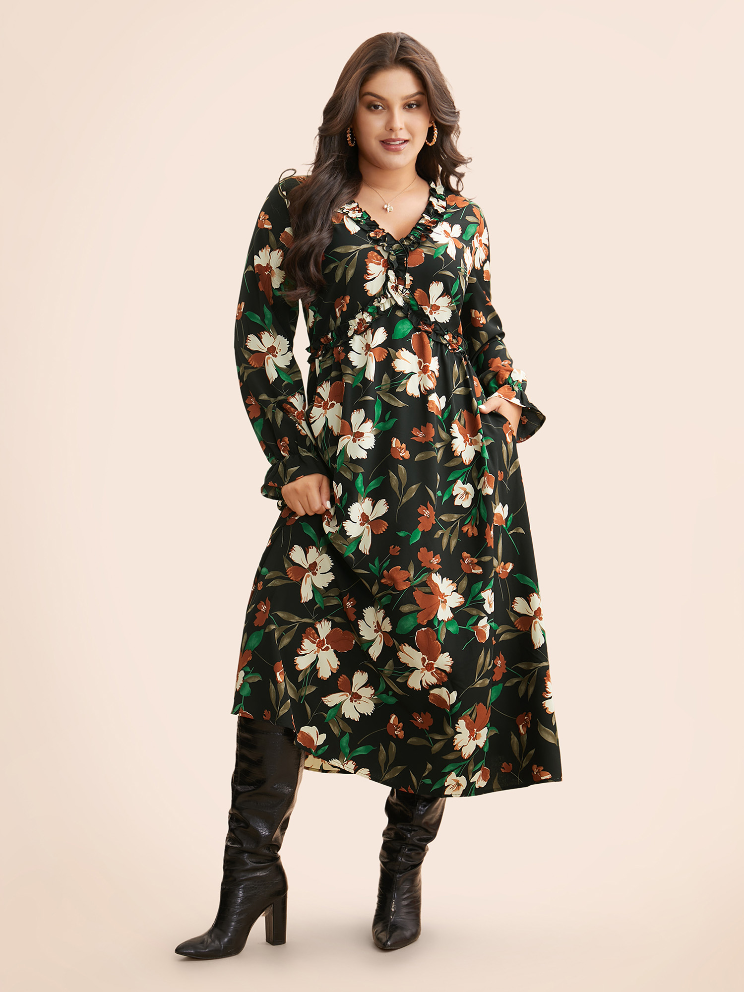 

Plus Size Floral Elastic Waist Frill Trim Midi Dress BlackFlower Women Elegant Frill Trim V-neck Long Sleeve Curvy BloomChic