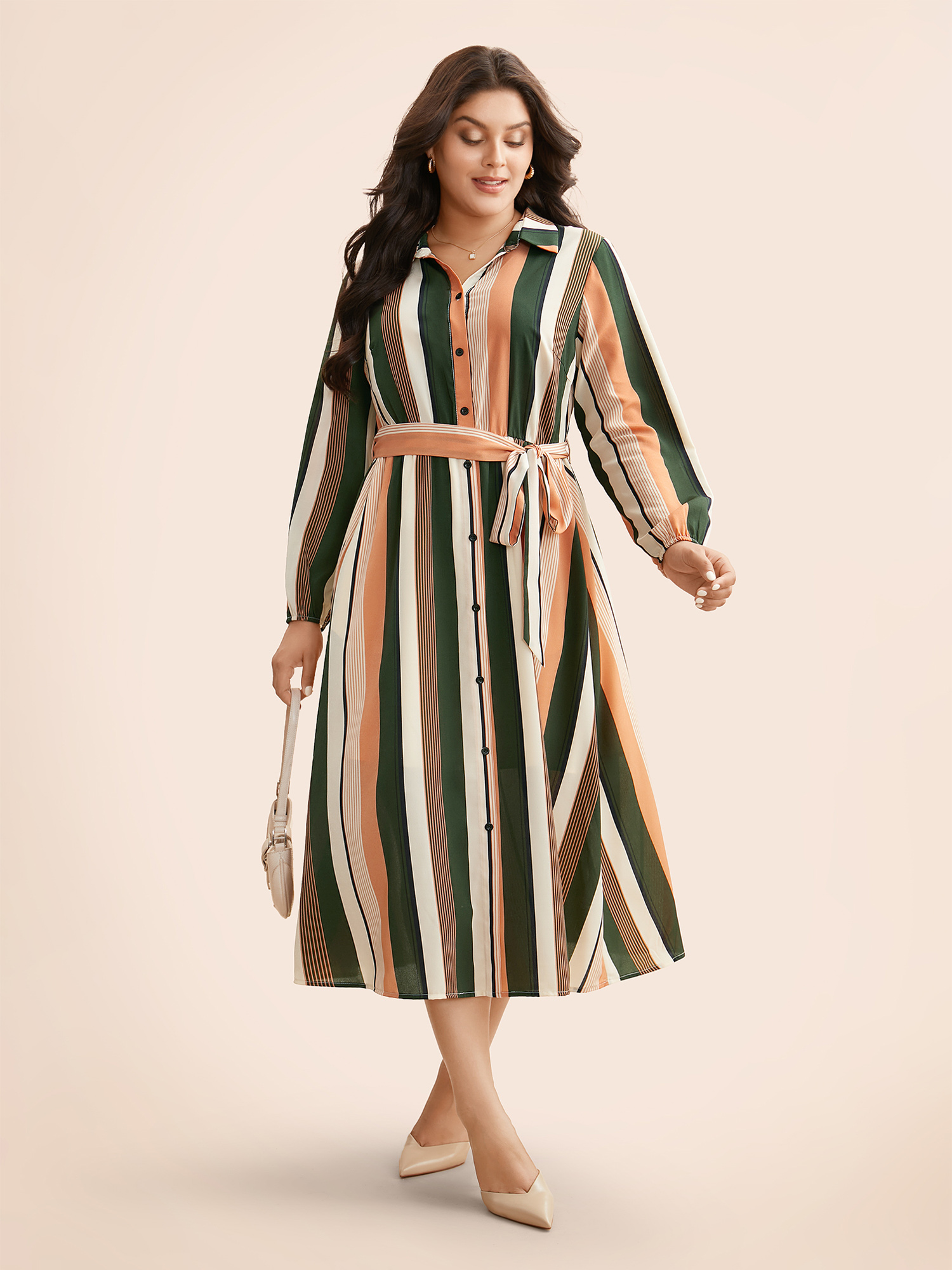 

Plus Size Contrast Striped Belted Midi Dress Multicolor Women At the Office Belted Shirt collar Long Sleeve Curvy BloomChic