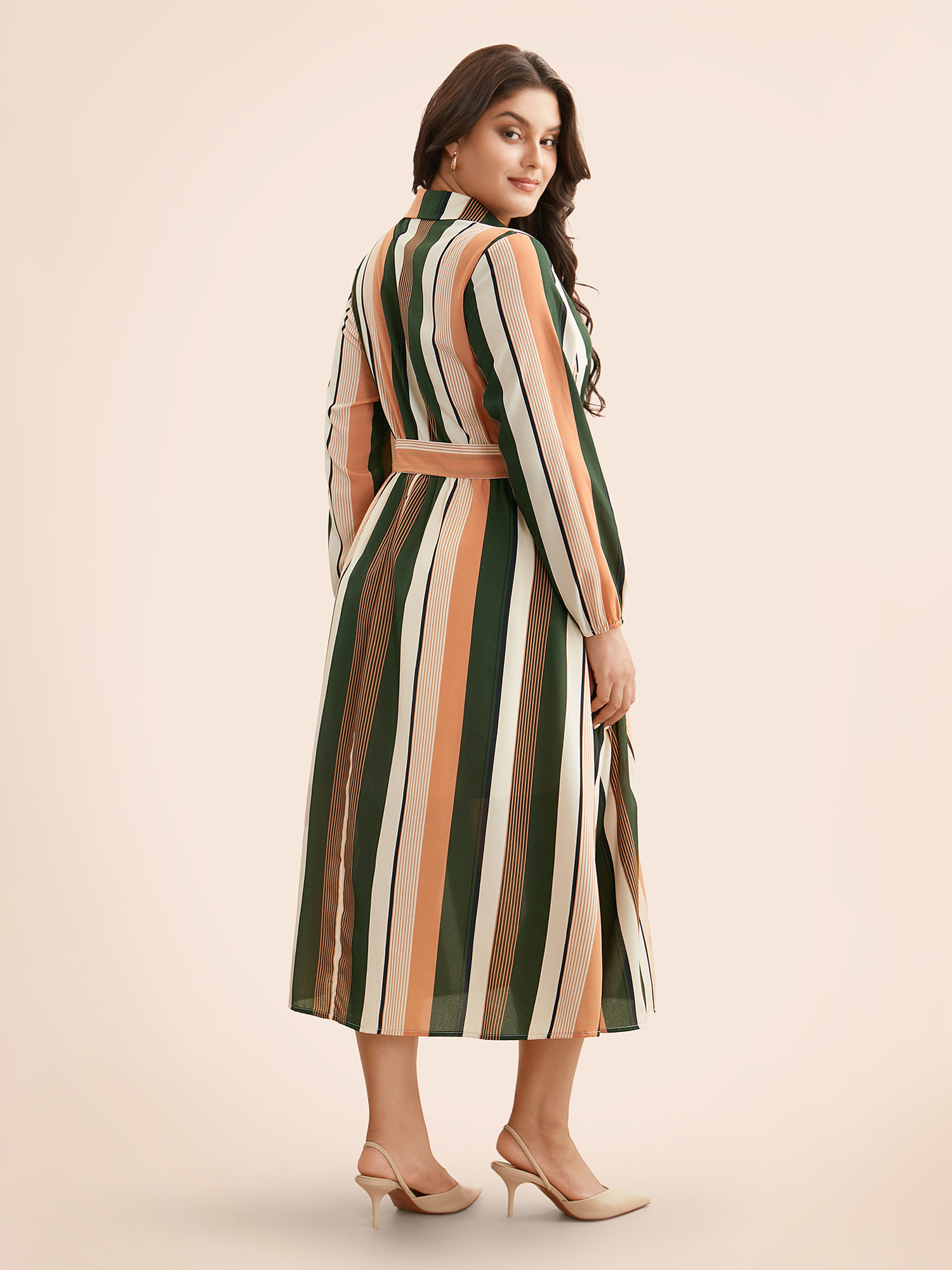

Plus Size Contrast Striped Belted Midi Dress Multicolor Women At the Office Belted Shirt collar Long Sleeve Curvy BloomChic