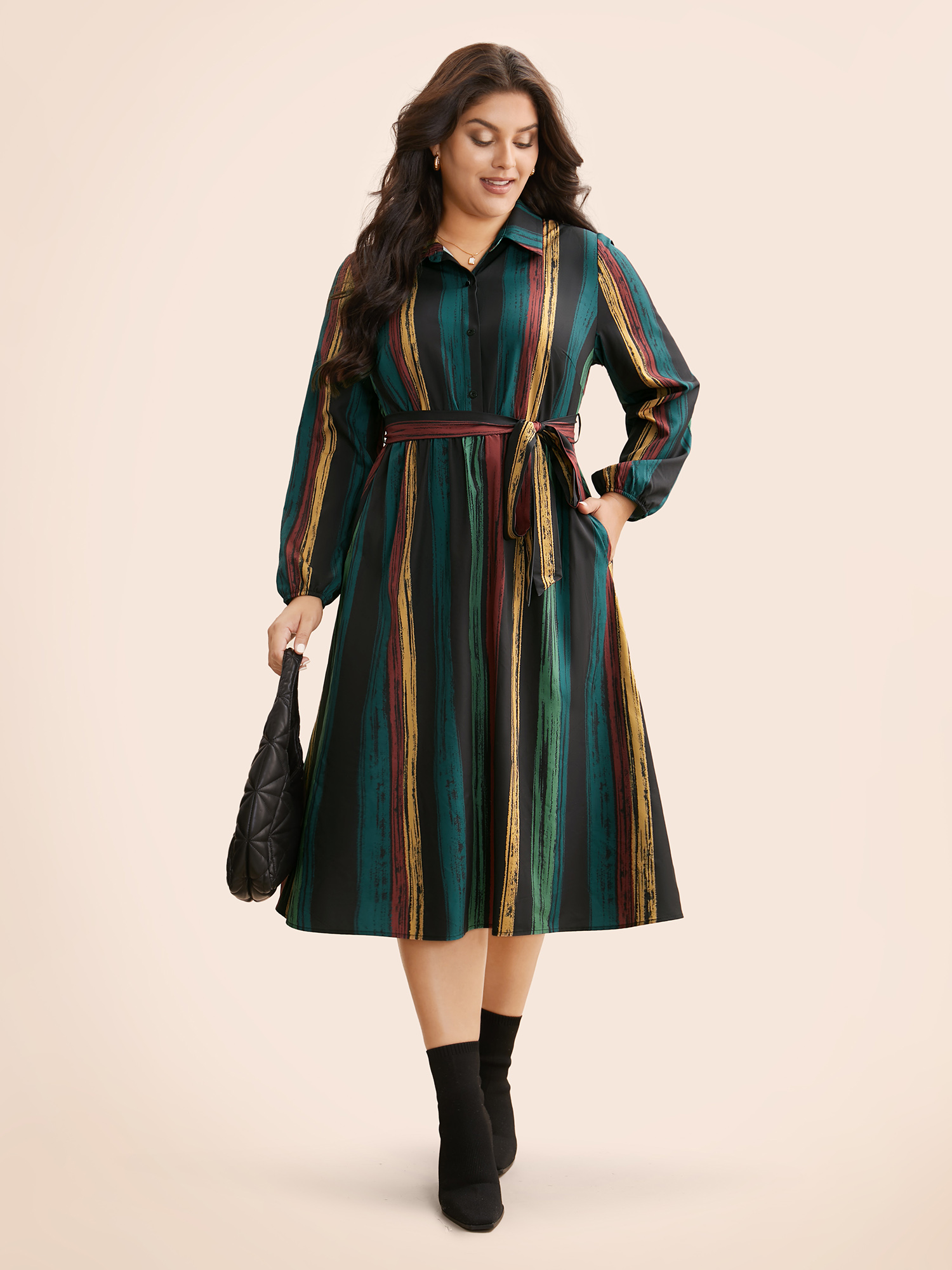 

Plus Size Colored Striped Belted Lantern Sleeve Dress Multicolor Women At the Office Belted Knit Dresses Bloomchic