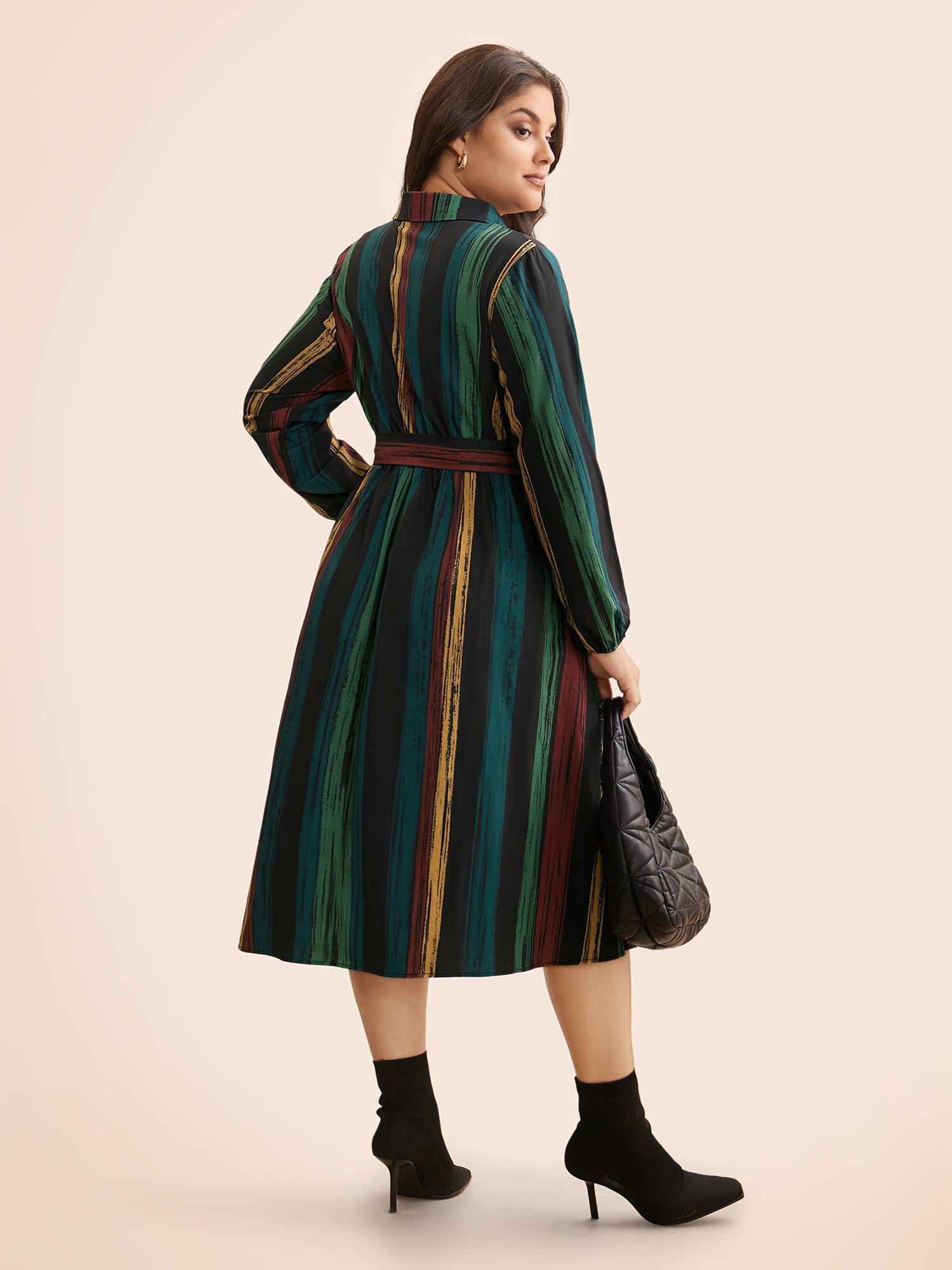 

Plus Size Colored Striped Belted Lantern Sleeve Dress Multicolor Women At the Office Belted Knit Dresses Bloomchic