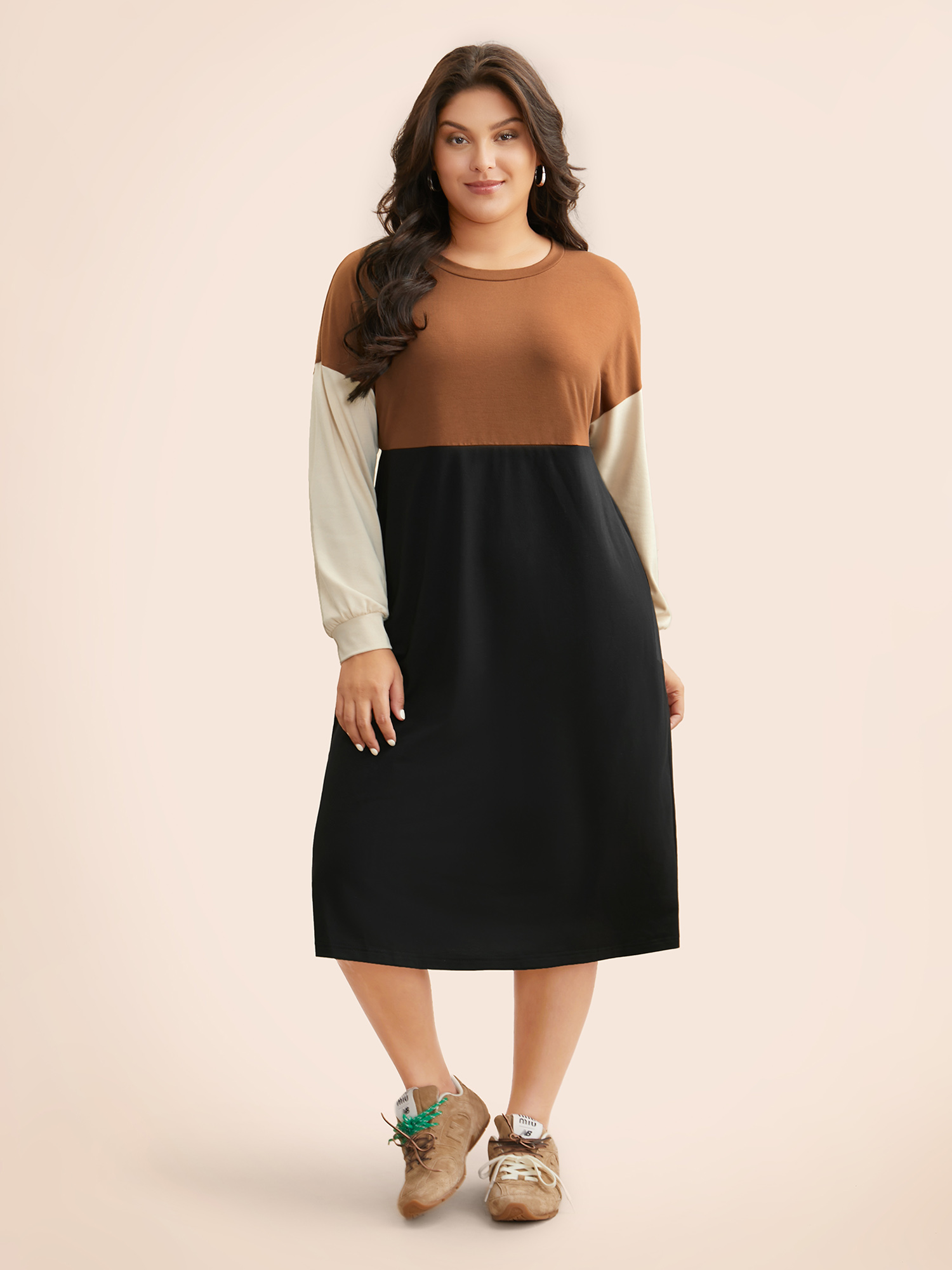 

Plus Size Crew Neck Contrast Patchwork Knit Dress Multicolor Women Casual Contrast Knit Dresses Bloomchic