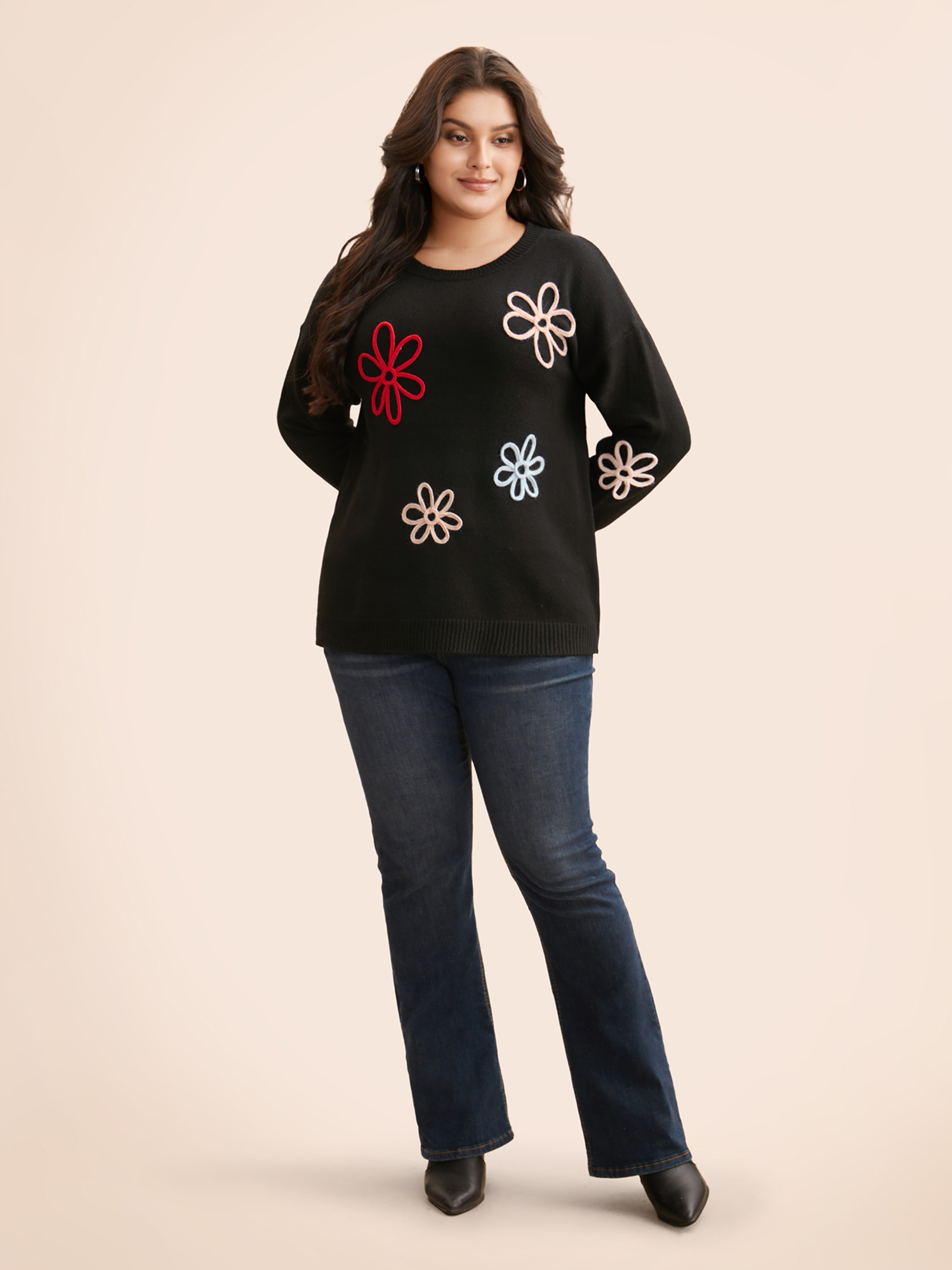 

Plus Size Crochet Floral Crew Neck Pullover Black Women Casual Loose Long Sleeve Round Neck Everyday Pullovers BloomChic