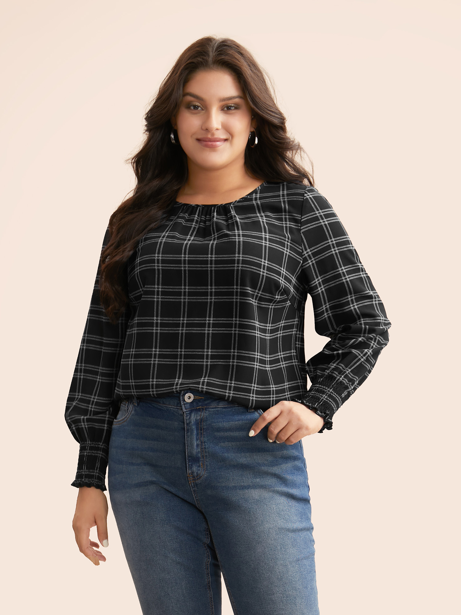 

Plus Size Black Plaid Gathered Lantern Sleeve Blouse Women At the Office Extra Long Sleeve Round Neck Work Blouses BloomChic