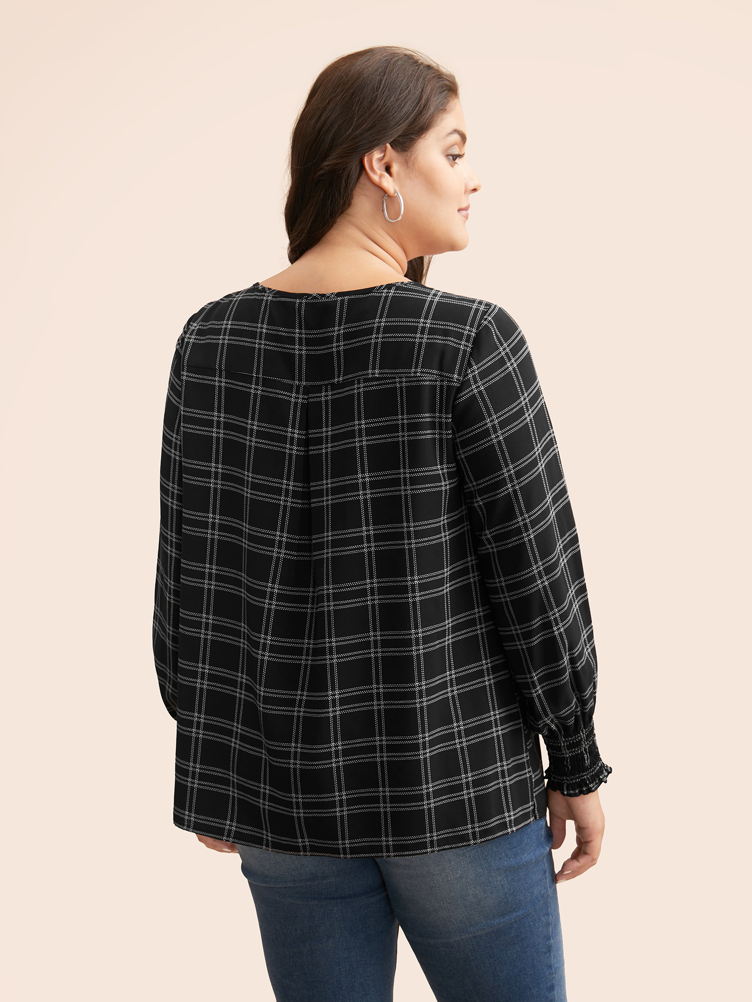 

Plus Size Black Plaid Gathered Lantern Sleeve Blouse Women At the Office Extra Long Sleeve Round Neck Work Blouses BloomChic