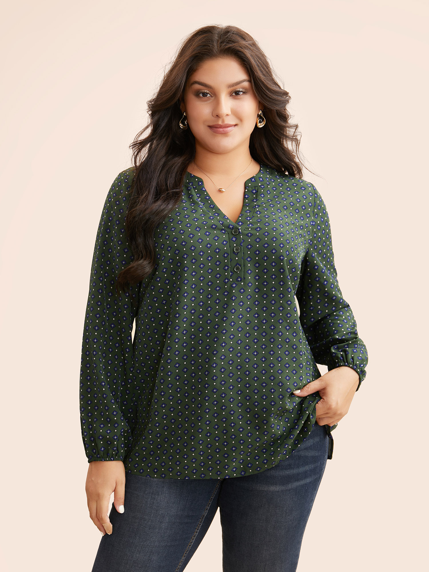 

Plus Size ArmyGreen Notched Geometric Button Up Blouse Women At the Office Extra Long Sleeve Notched collar Work Blouses BloomChic