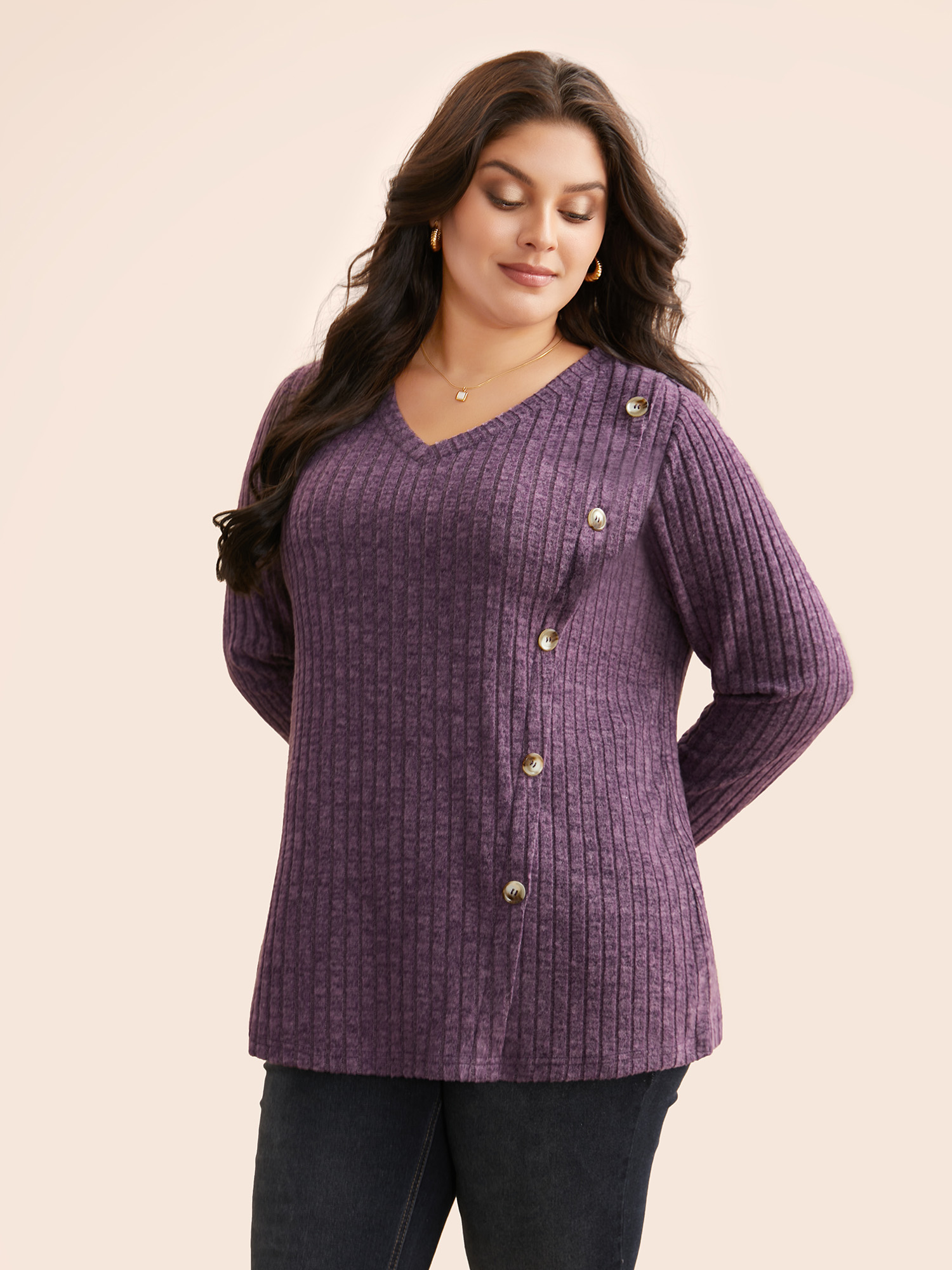 

Plus Size V Neck Button Detail Rib Knit T-shirt Mauve Women Elegant Texture V-neck Everyday T-shirts BloomChic