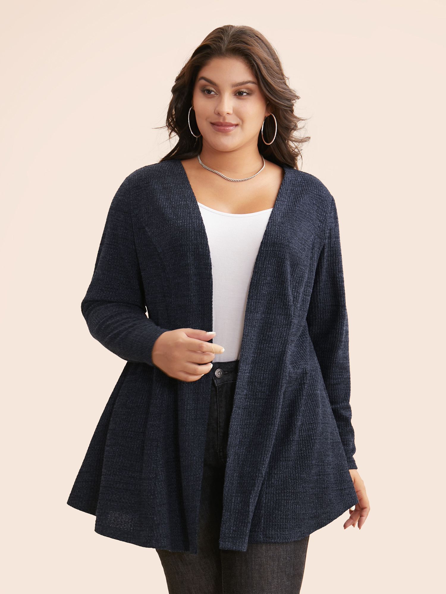 

Plus Size Solid Waffle Knit Pleated Jacket Women Midnight Texture Side seam pocket Everyday Jackets BloomChic