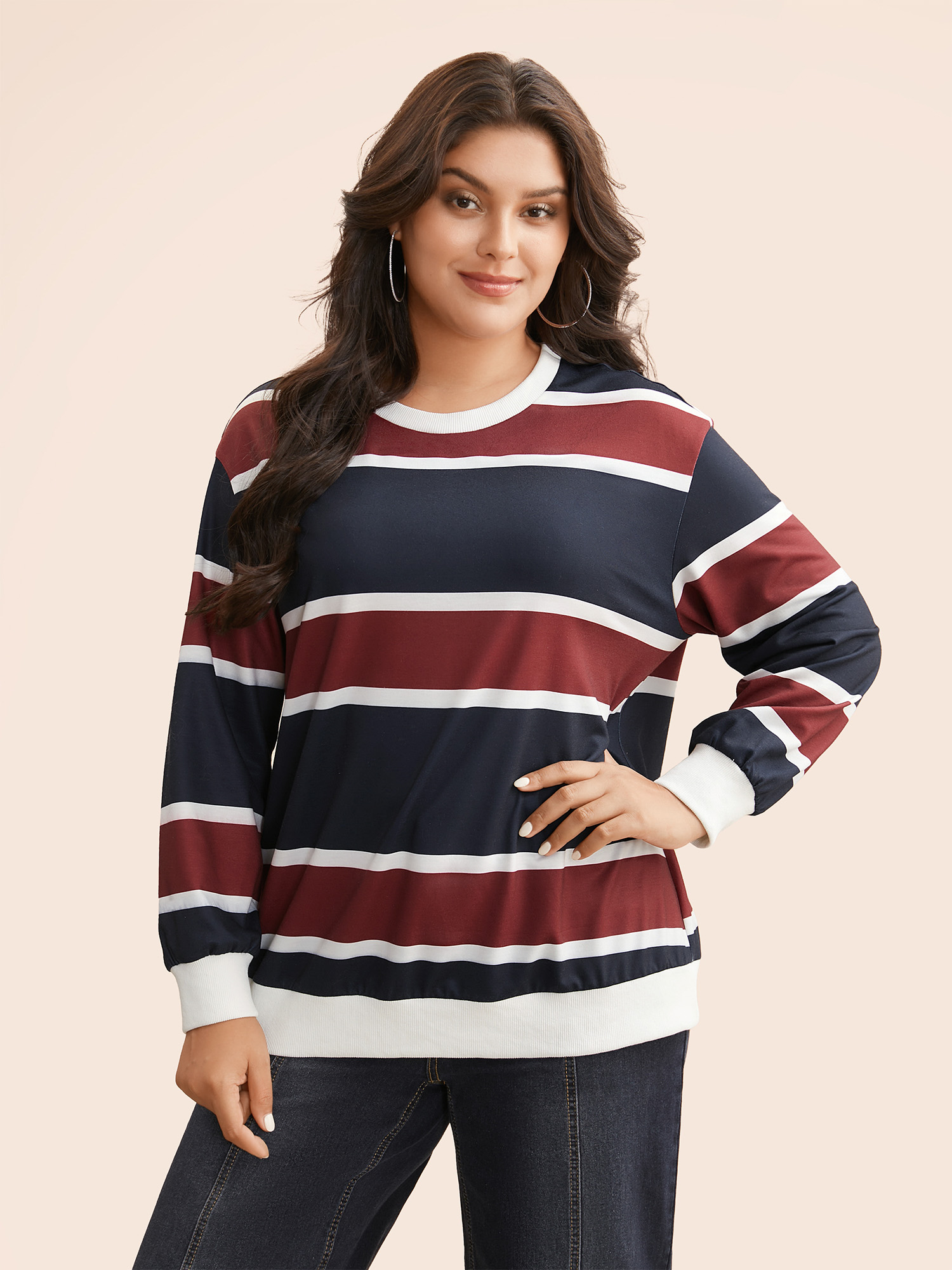 

Plus Size Contrast Striped Drop Shoulder Sweatshirt Women Multicolor Casual Contrast Round Neck Everyday Sweatshirts BloomChic