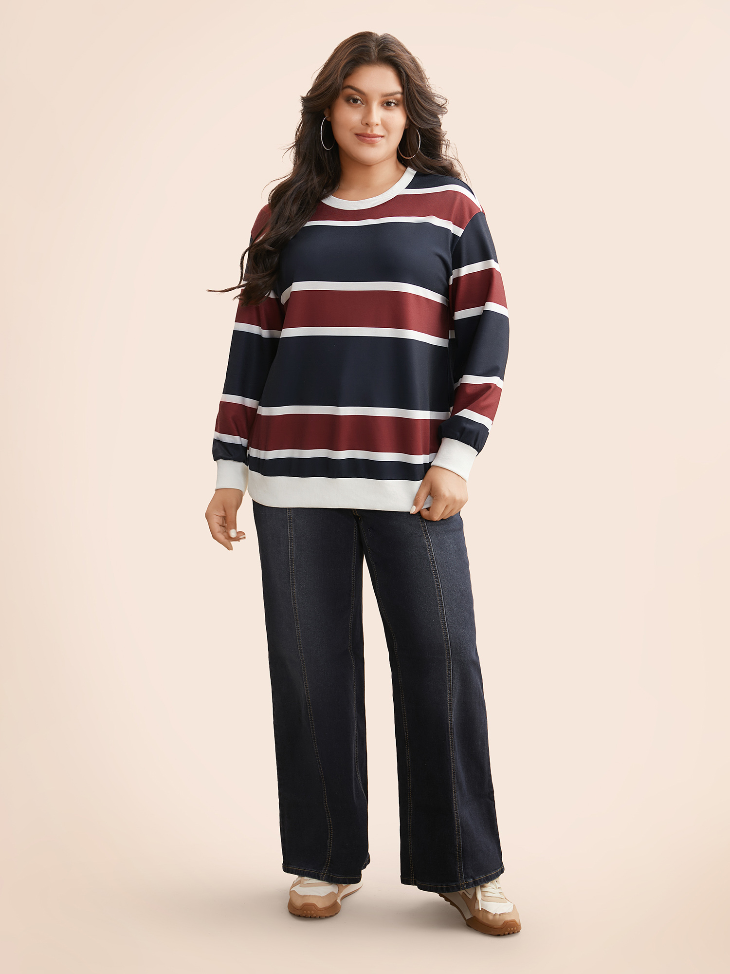 Plus Size Contrast Striped Drop Shoulder Sweatshirt Women Multicolor Casual Contrast Round Neck Everyday Sweatshirts BloomChic 26/4X 