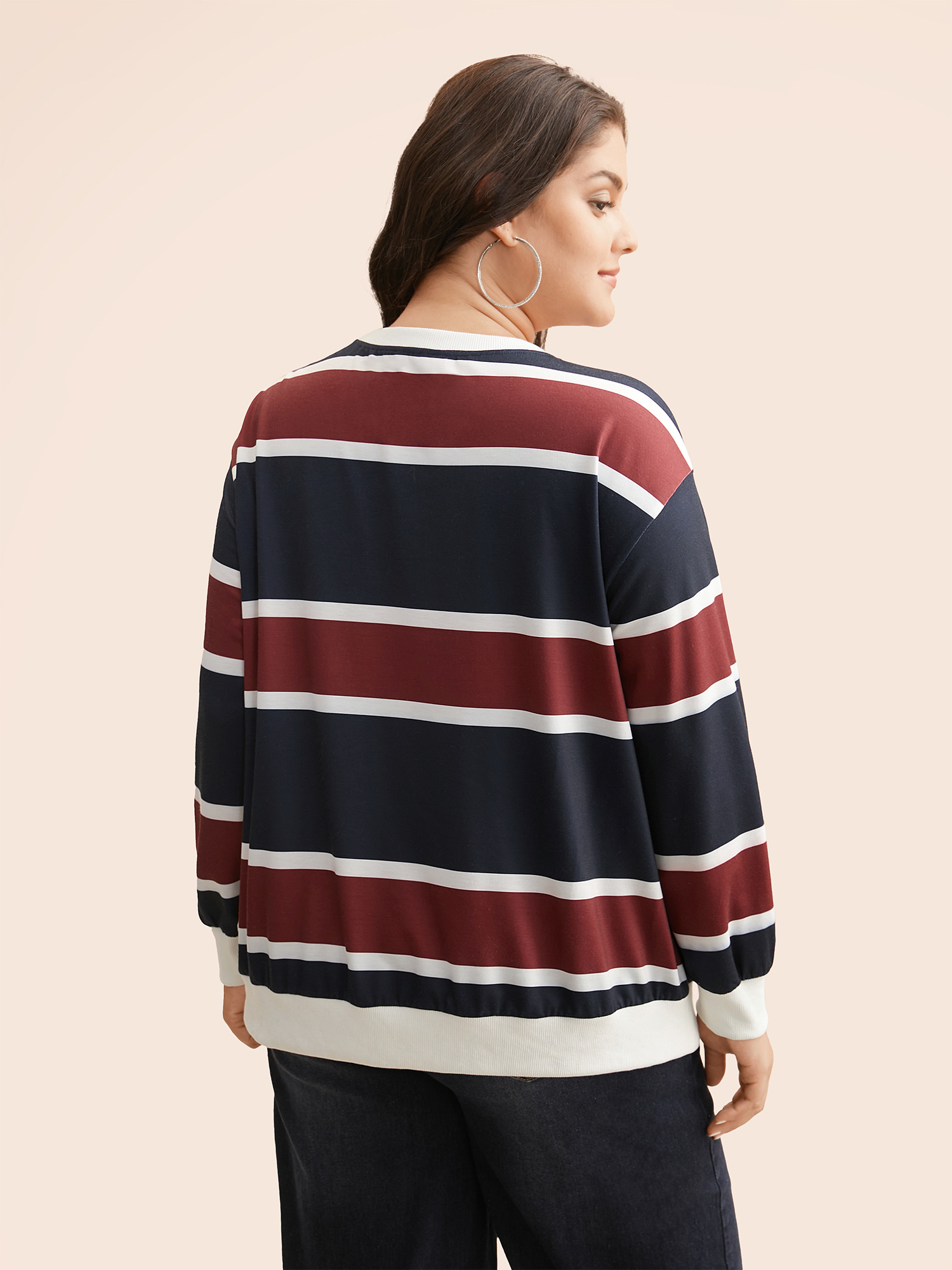 Plus Size Contrast Striped Drop Shoulder Sweatshirt Women Multicolor Casual Contrast Round Neck Everyday Sweatshirts BloomChic 26/4X 