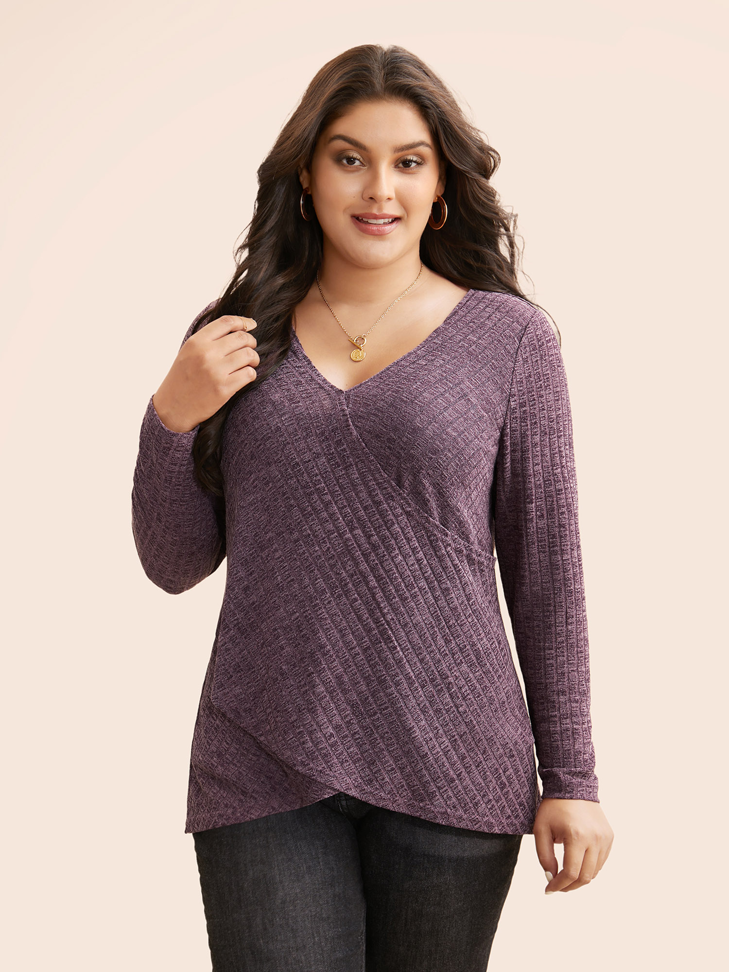 

Plus Size Solid Rib Knit Wrap Jersey Top Eggplant Overlap Collar Extra Long Sleeve Casual Jersey Tops